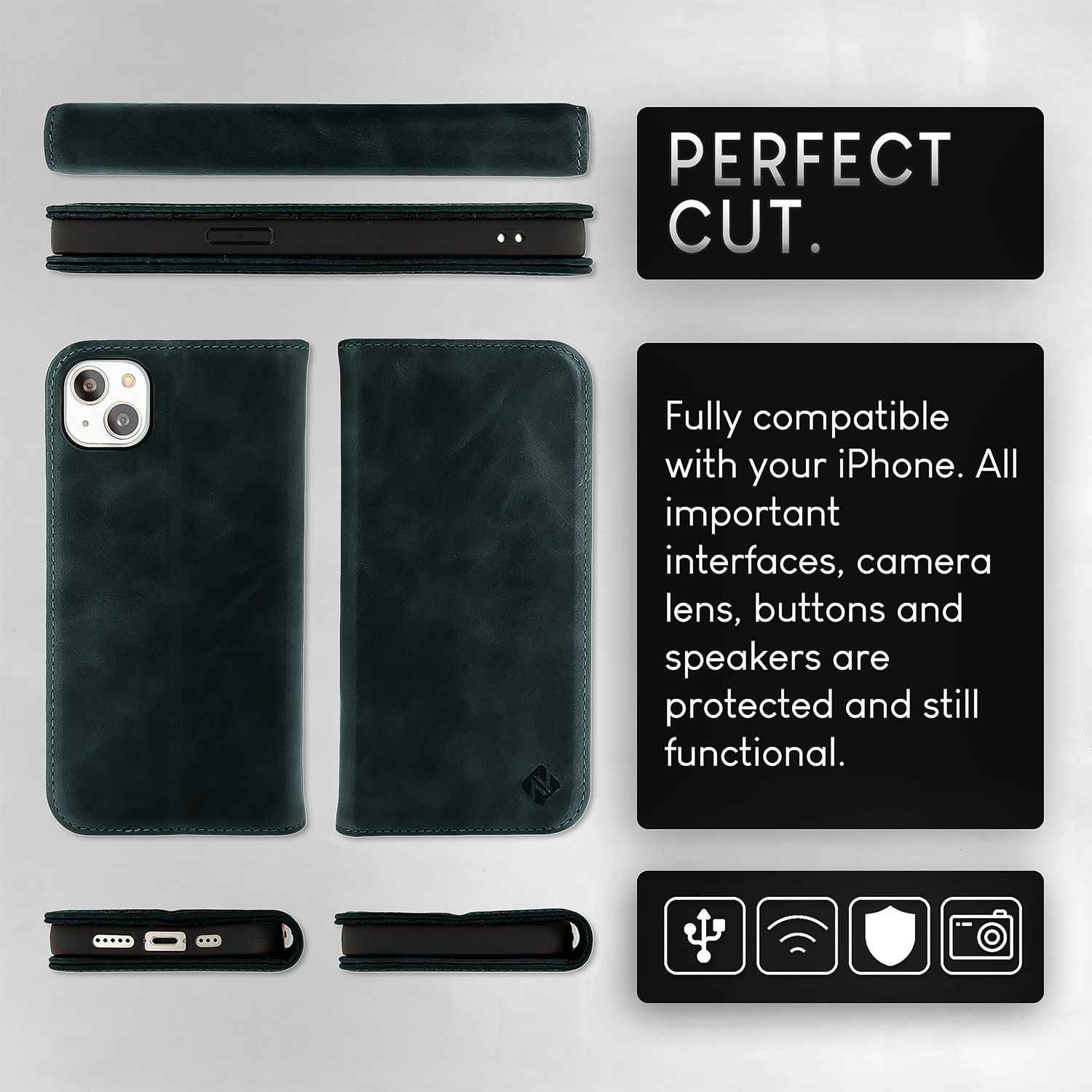 NALIA Echt-Leder Flipcase für iPhone 15 Plus Hülle, Rindsleder Schutzhülle Lederhülle RFID-Schutz, Aufstellbar Klappbar