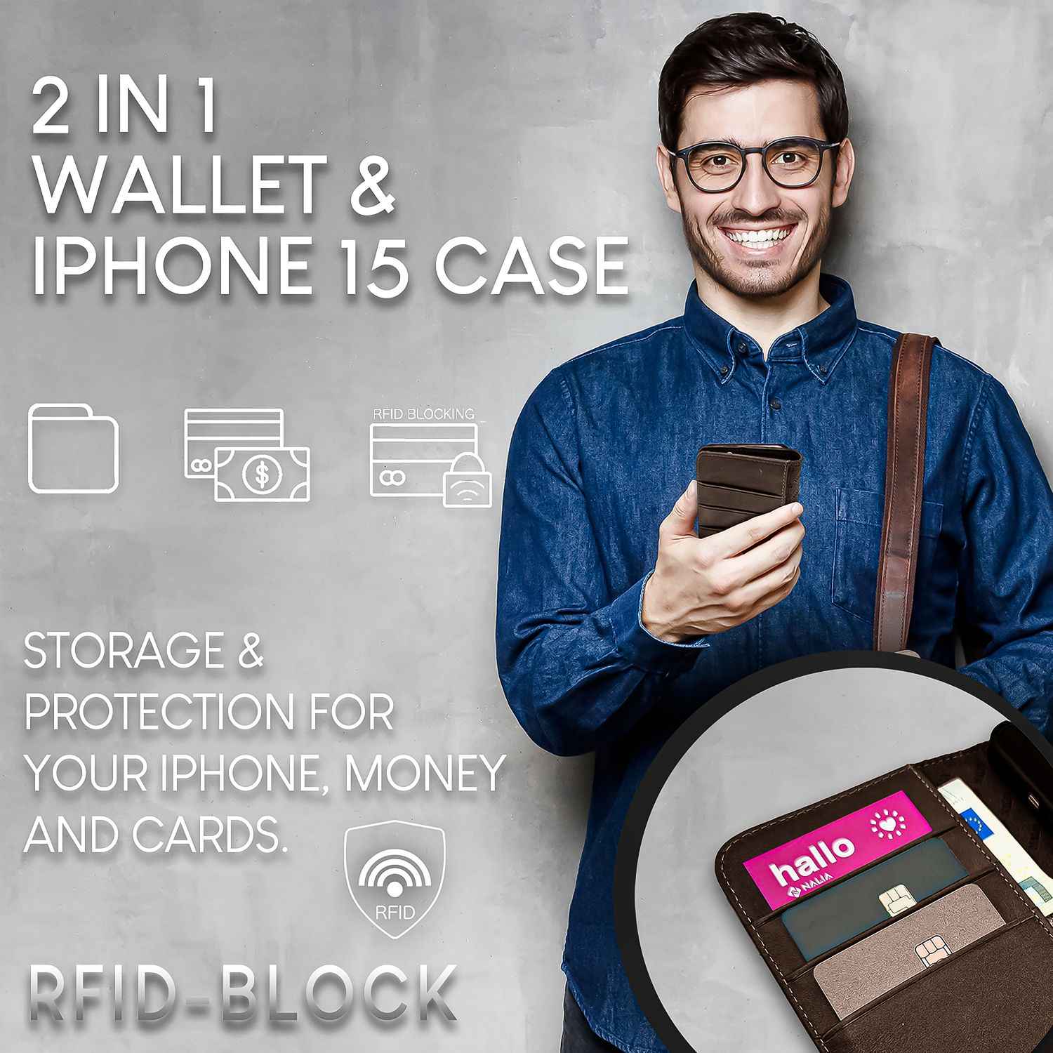 NALIA Echt-Leder Flipcase für iPhone 15 Pro Hülle, Rindsleder Schutzhülle RFID-Schutz Lederhülle Aufstellbar
