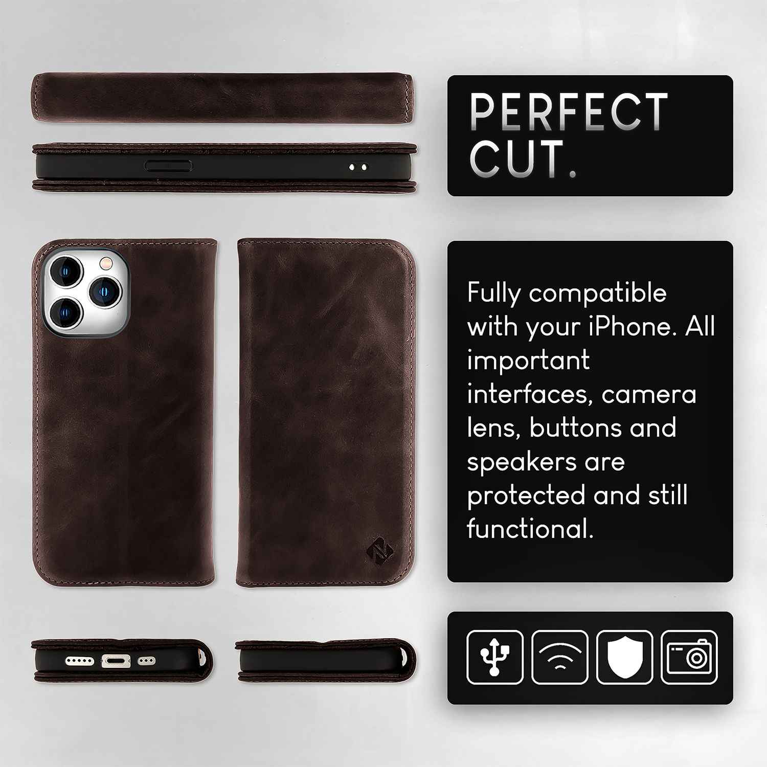 NALIA Echt-Leder Flipcase für iPhone 15 Pro Hülle, Rindsleder Schutzhülle RFID-Schutz Lederhülle Aufstellbar