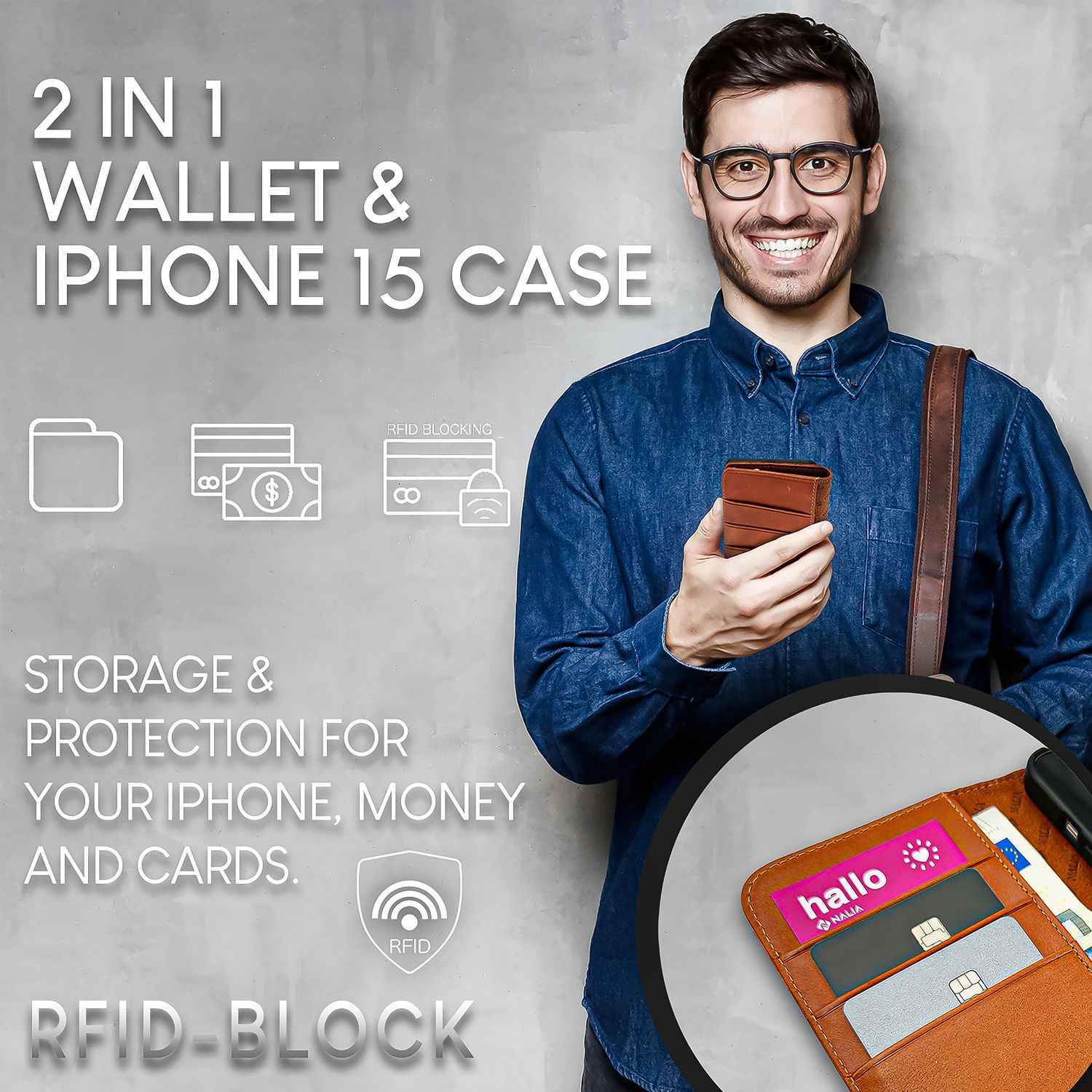 NALIA Echt-Leder Flipcase für iPhone 15 Pro Hülle, Rindsleder Schutzhülle RFID-Schutz Lederhülle Aufstellbar