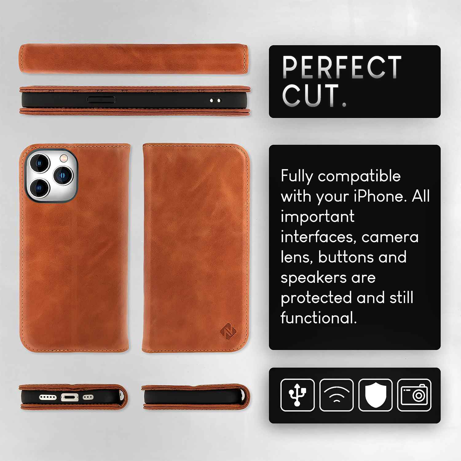NALIA Echt-Leder Flipcase für iPhone 15 Pro Hülle, Rindsleder Schutzhülle RFID-Schutz Lederhülle Aufstellbar