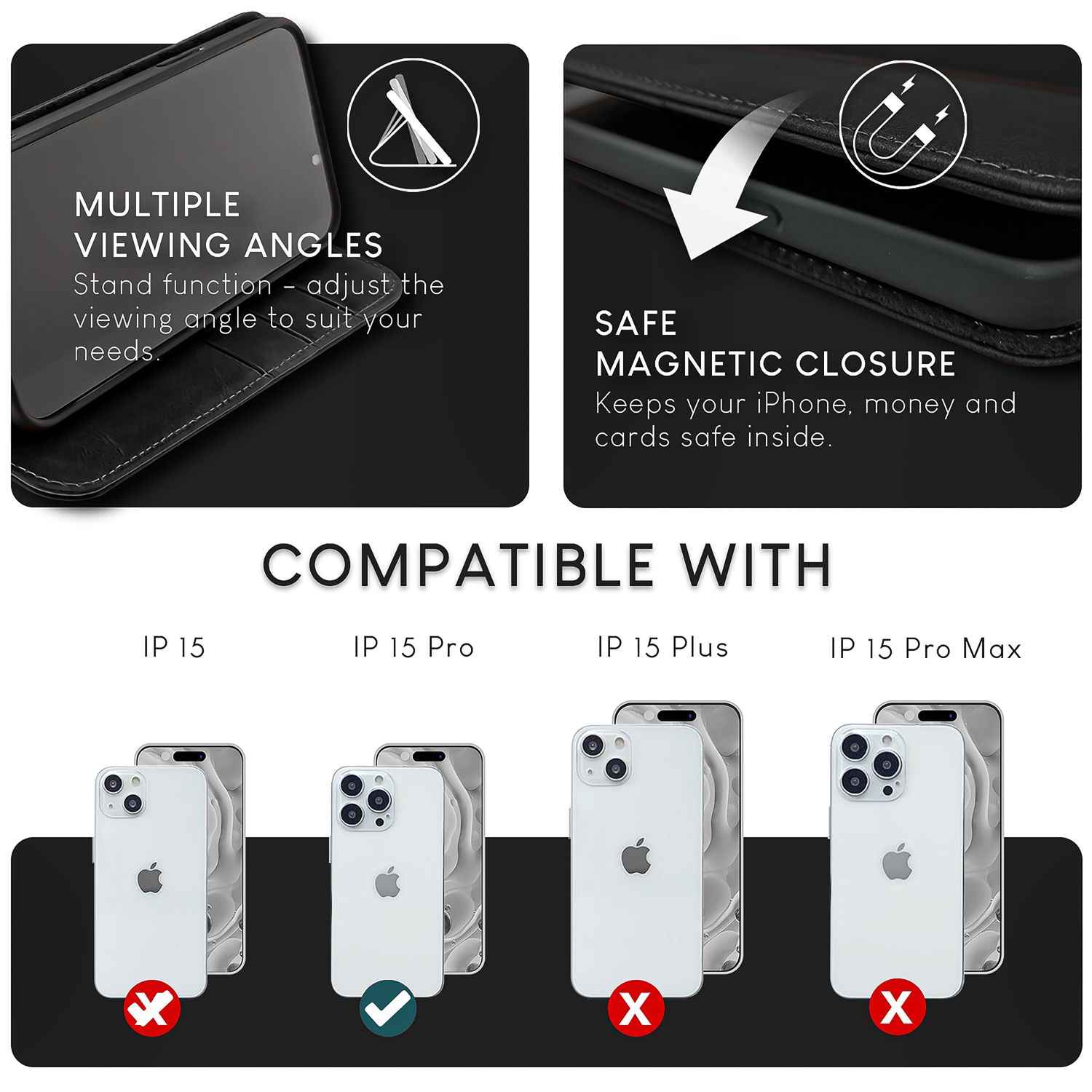 NALIA Echt-Leder Flipcase für iPhone 15 Pro Hülle, Rindsleder Schutzhülle RFID-Schutz Lederhülle Aufstellbar