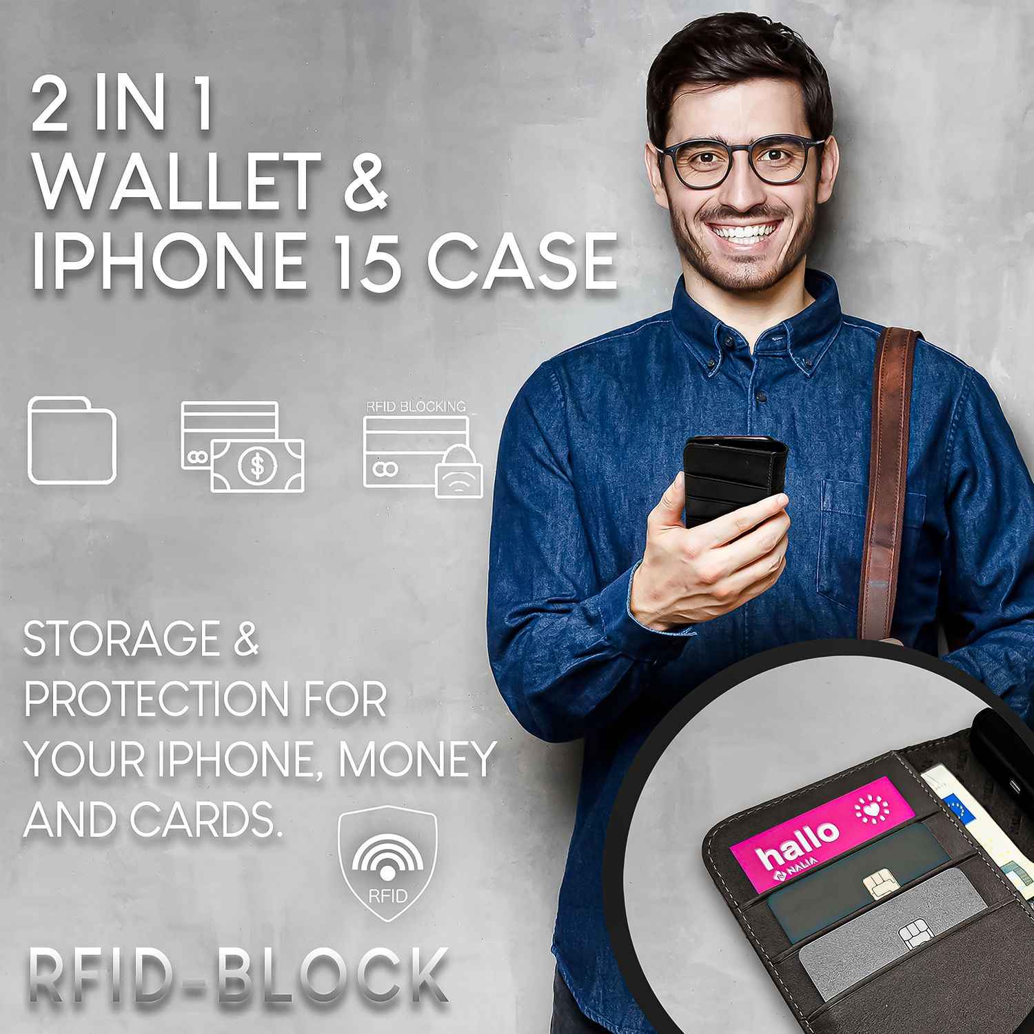 NALIA Echt-Leder Flipcase für iPhone 15 Pro Hülle, Rindsleder Schutzhülle RFID-Schutz Lederhülle Aufstellbar