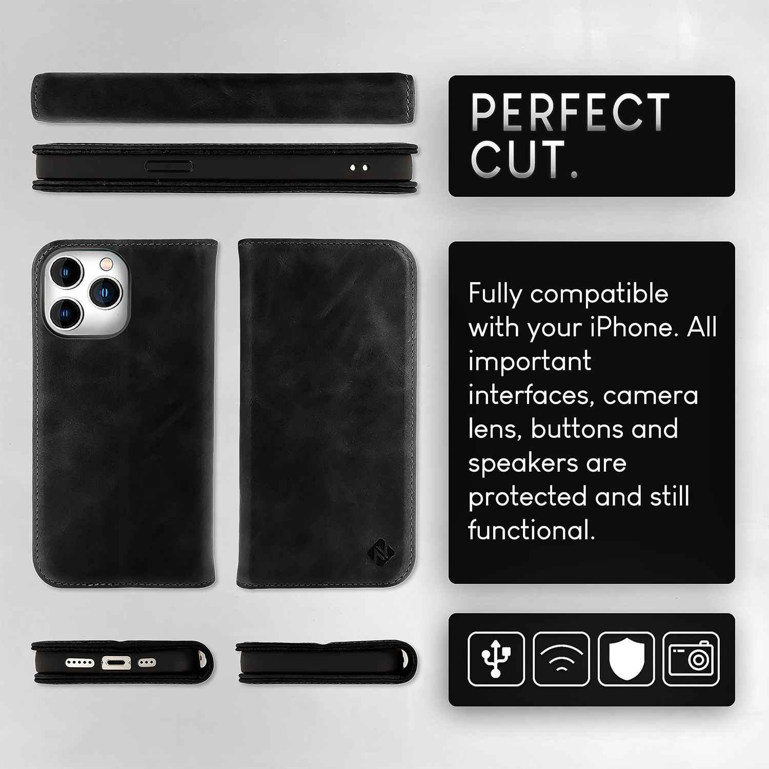 NALIA Echt-Leder Flipcase für iPhone 15 Pro Hülle, Rindsleder Schutzhülle RFID-Schutz Lederhülle Aufstellbar