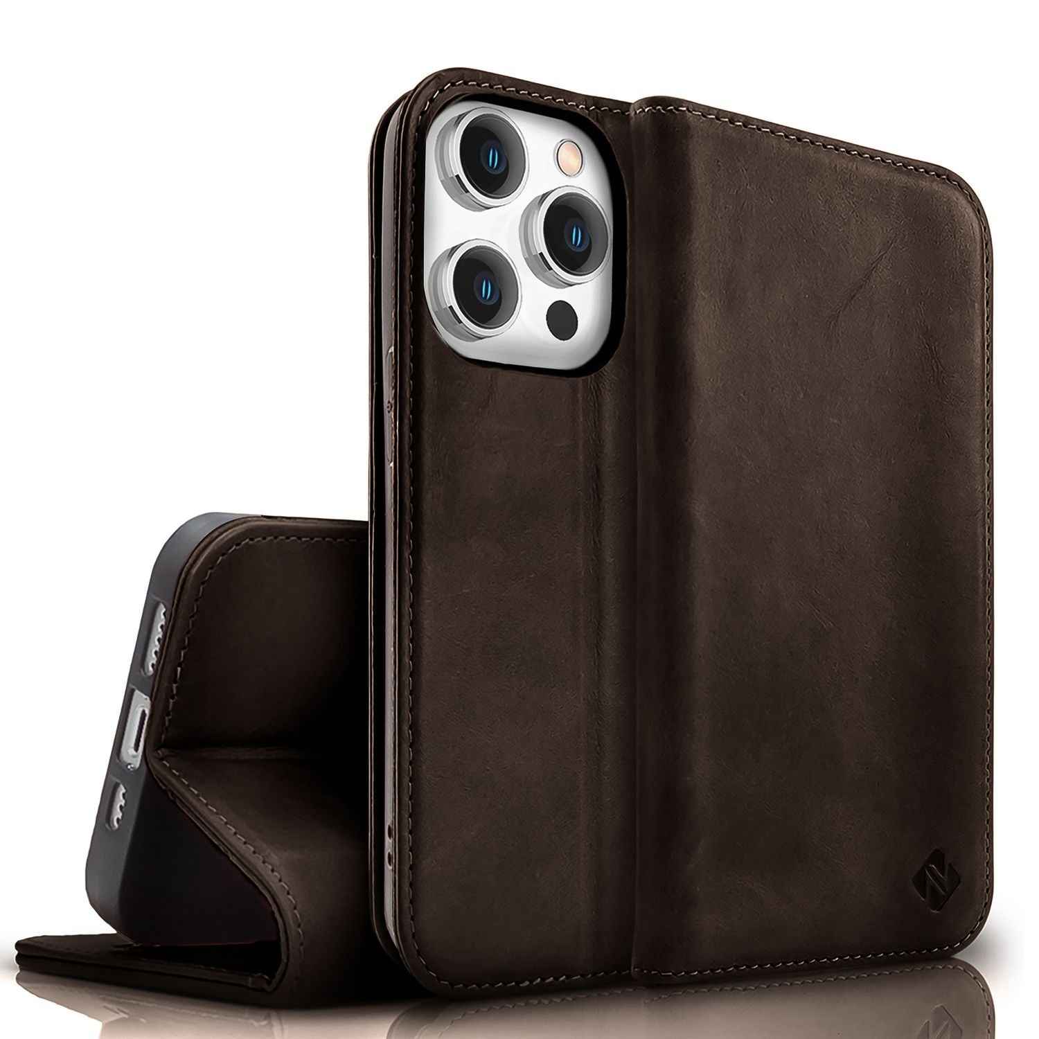 NALIA Echt-Leder Flipcase für iPhone 15 Pro Hülle, Rindsleder Schutzhülle RFID-Schutz Lederhülle Aufstellbar