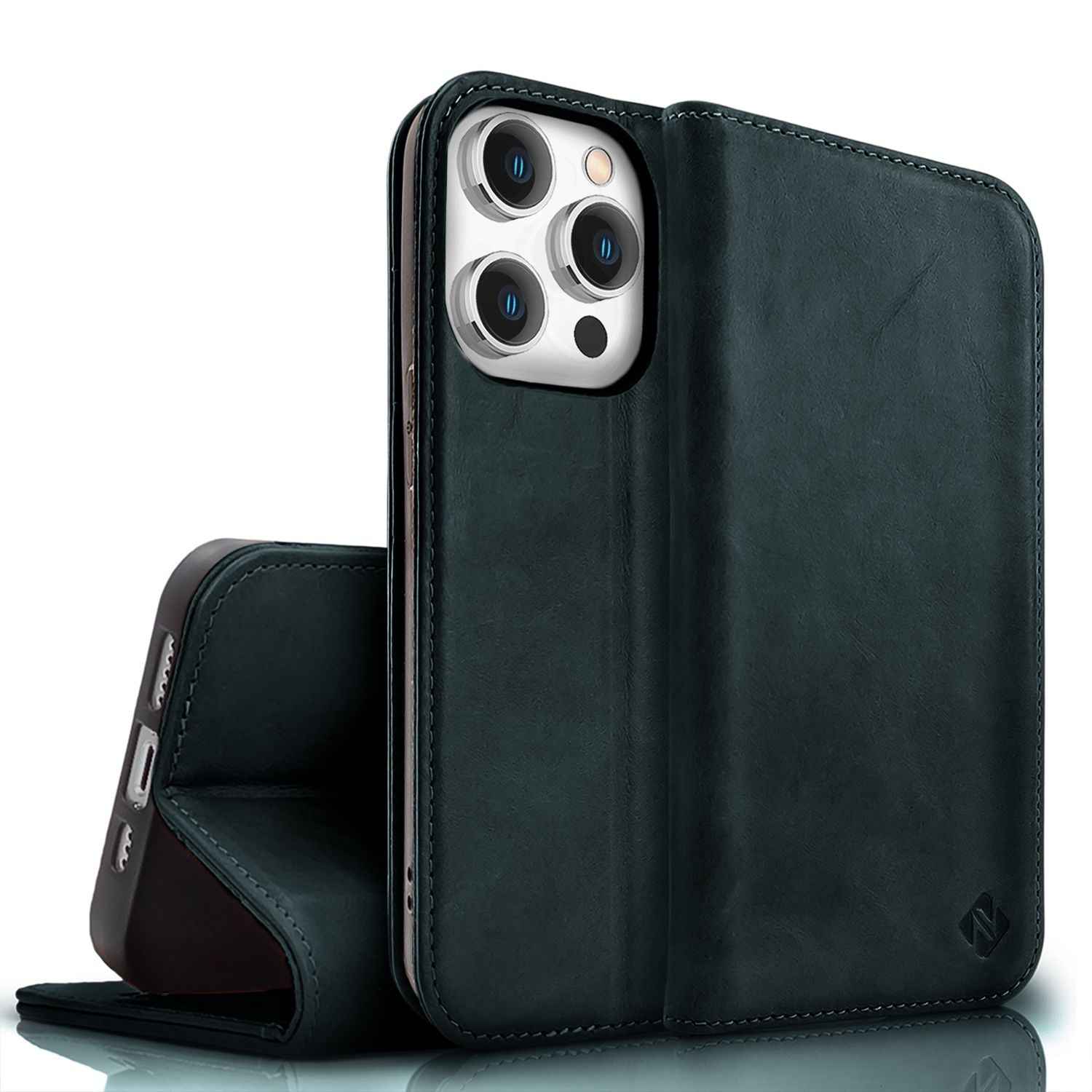 NALIA Echt-Leder Flipcase für iPhone 15 Pro Hülle, Rindsleder Schutzhülle RFID-Schutz Lederhülle Aufstellbar