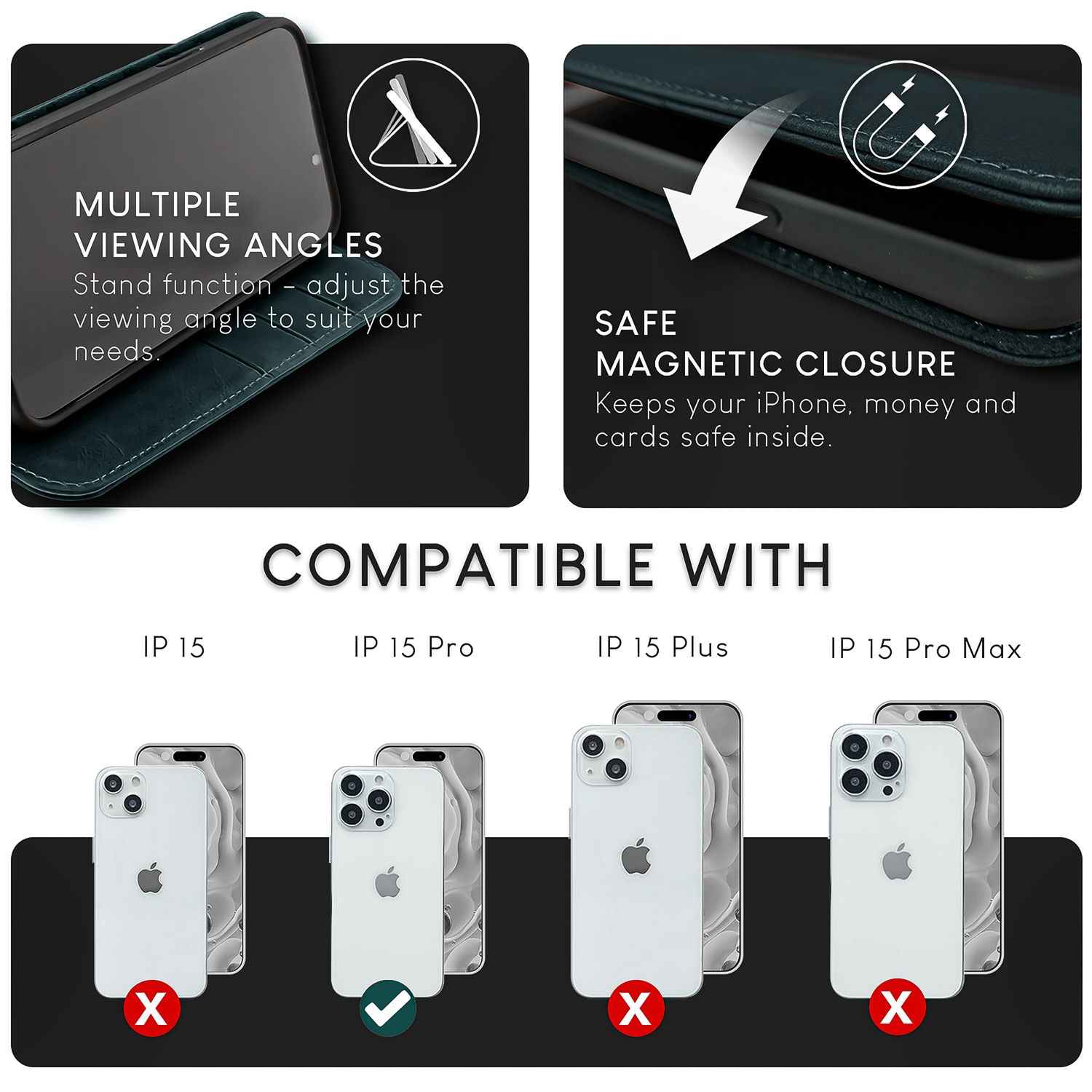 NALIA Echt-Leder Flipcase für iPhone 15 Pro Hülle, Rindsleder Schutzhülle RFID-Schutz Lederhülle Aufstellbar