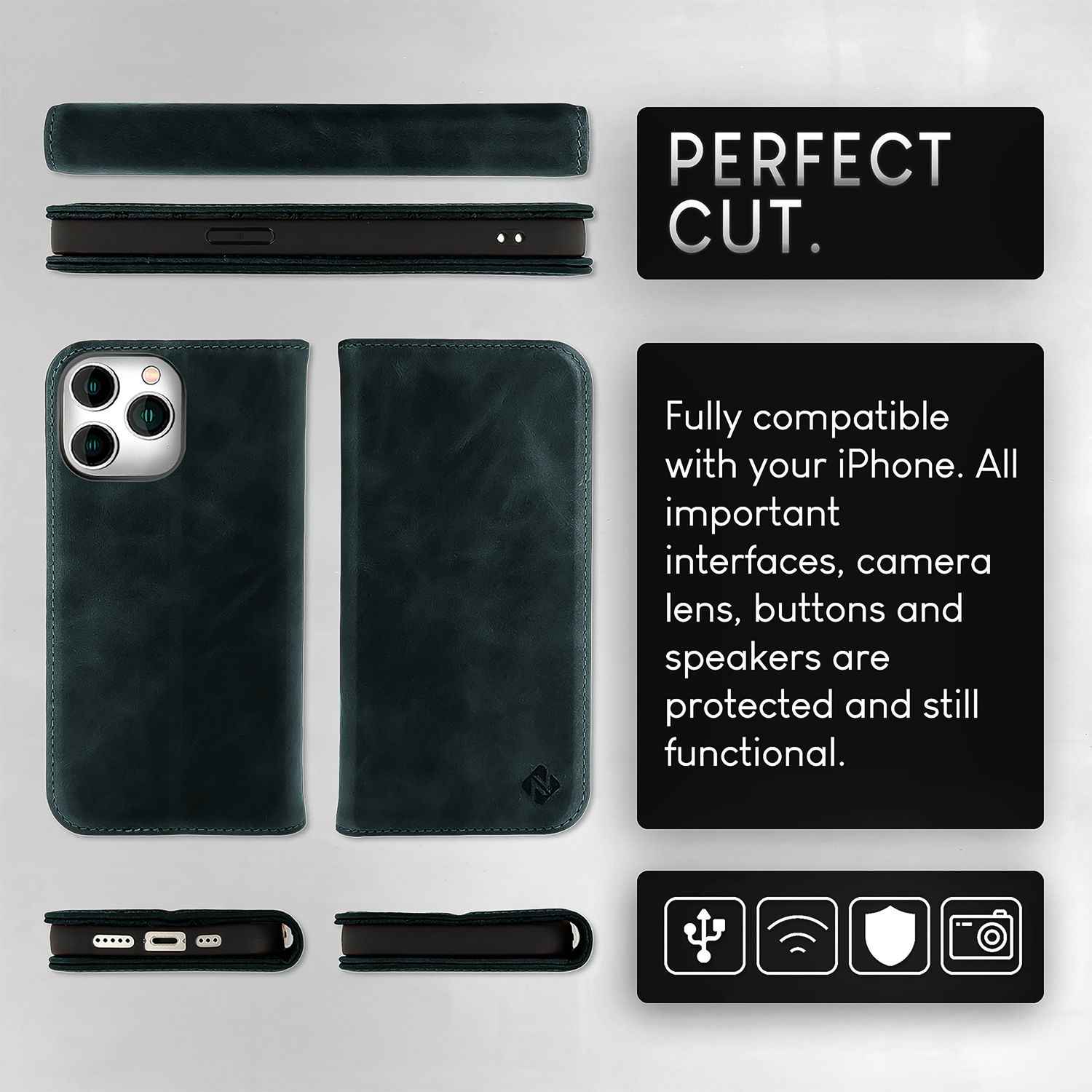 NALIA Echt-Leder Flipcase für iPhone 15 Pro Hülle, Rindsleder Schutzhülle RFID-Schutz Lederhülle Aufstellbar