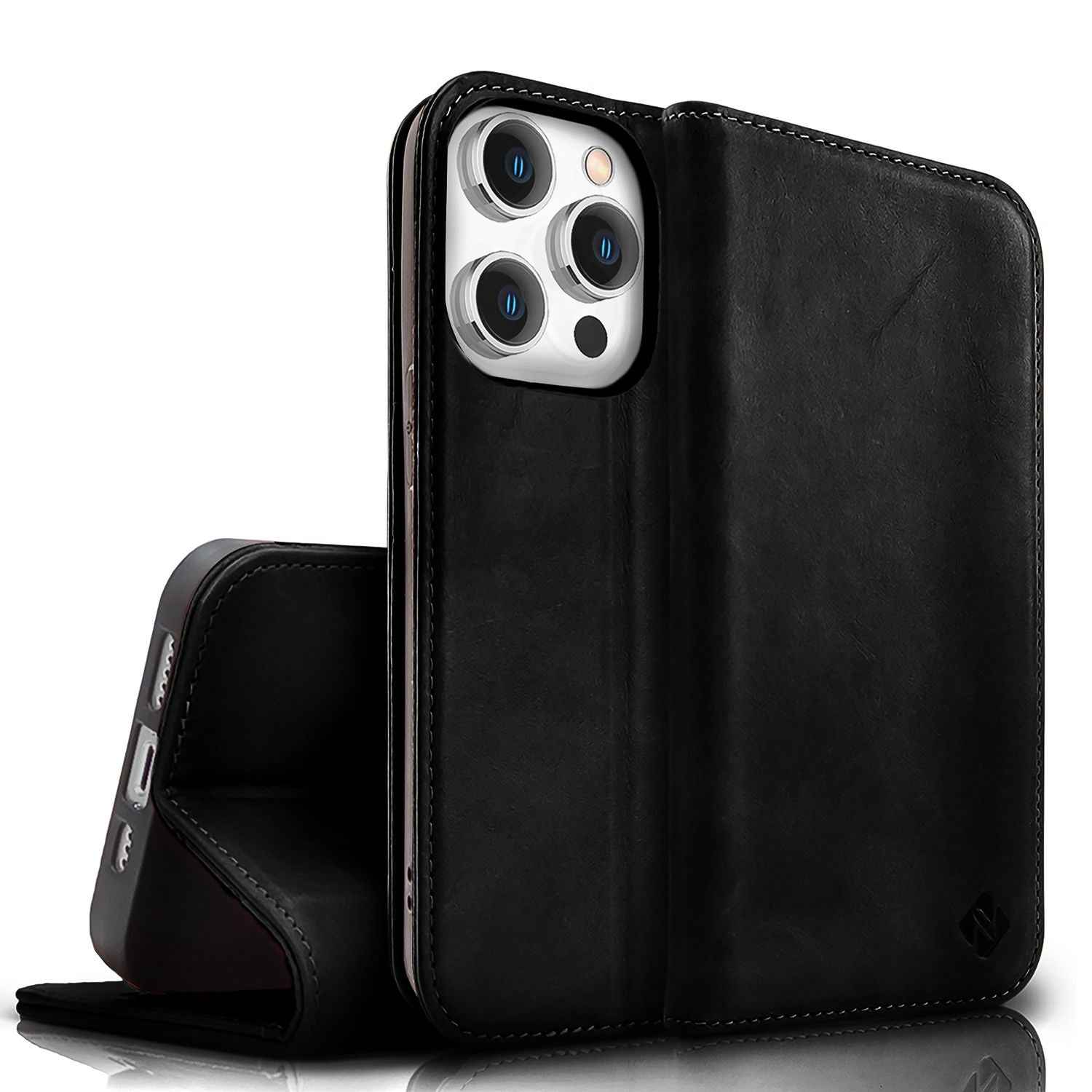 NALIA Echt-Leder Flipcase für iPhone 15 Pro Hülle, Rindsleder Schutzhülle RFID-Schutz Lederhülle Aufstellbar