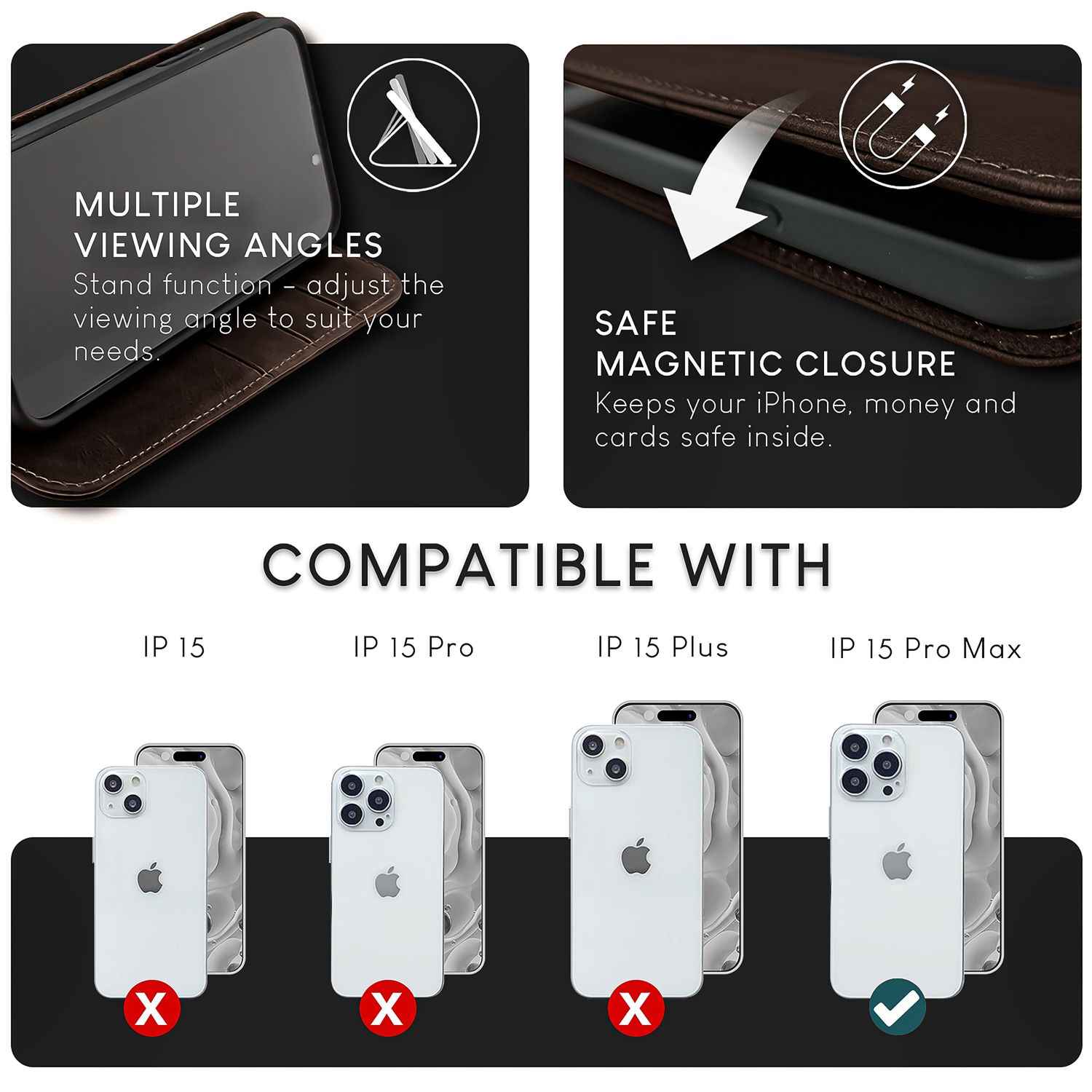 NALIA Echt-Leder Flipcase für iPhone 15 Pro Max Hülle, Rindsleder Schutzhülle RFID-Schutz Lederhülle Wallet