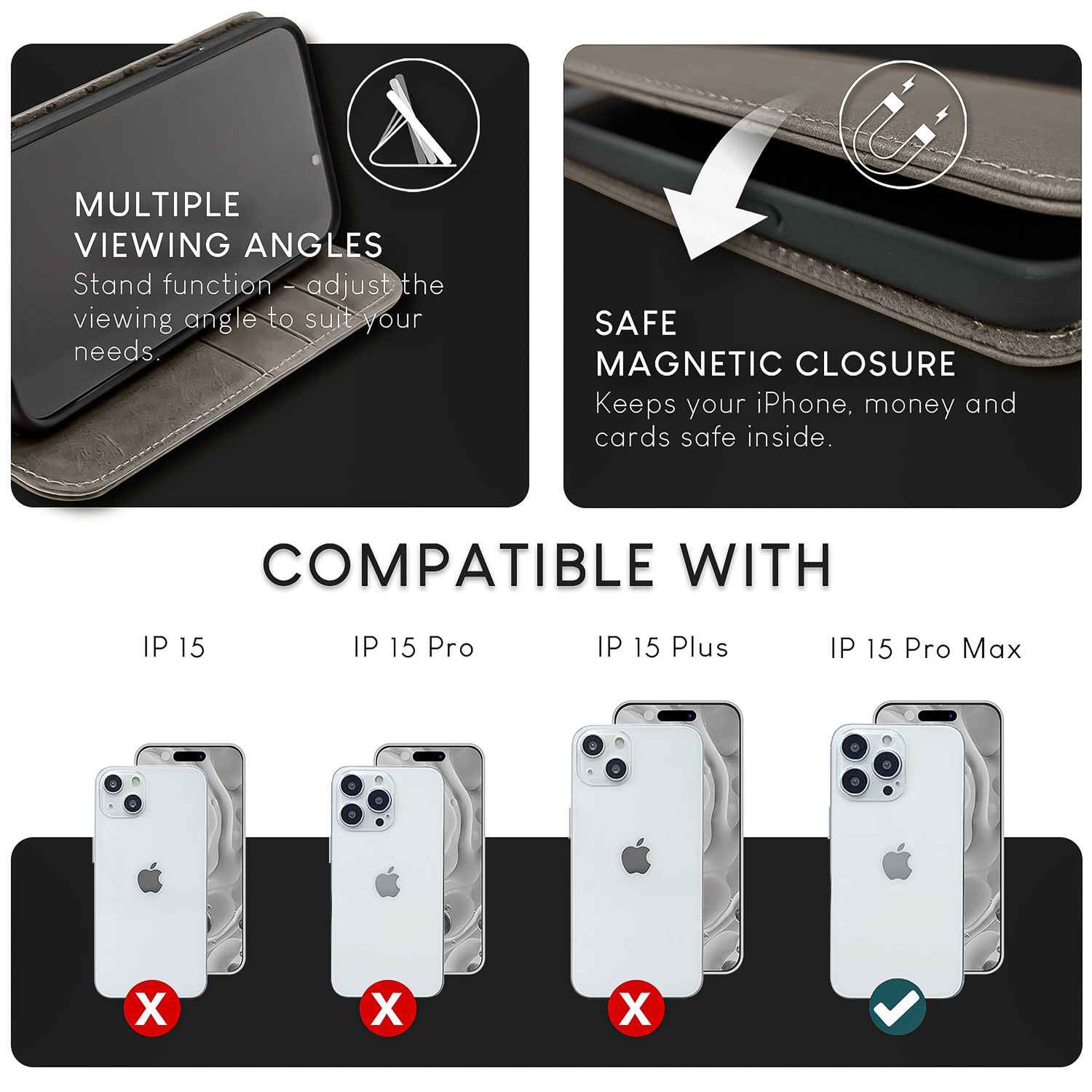 NALIA Echt-Leder Flipcase für iPhone 15 Pro Max Hülle, Rindsleder Schutzhülle RFID-Schutz Lederhülle Wallet