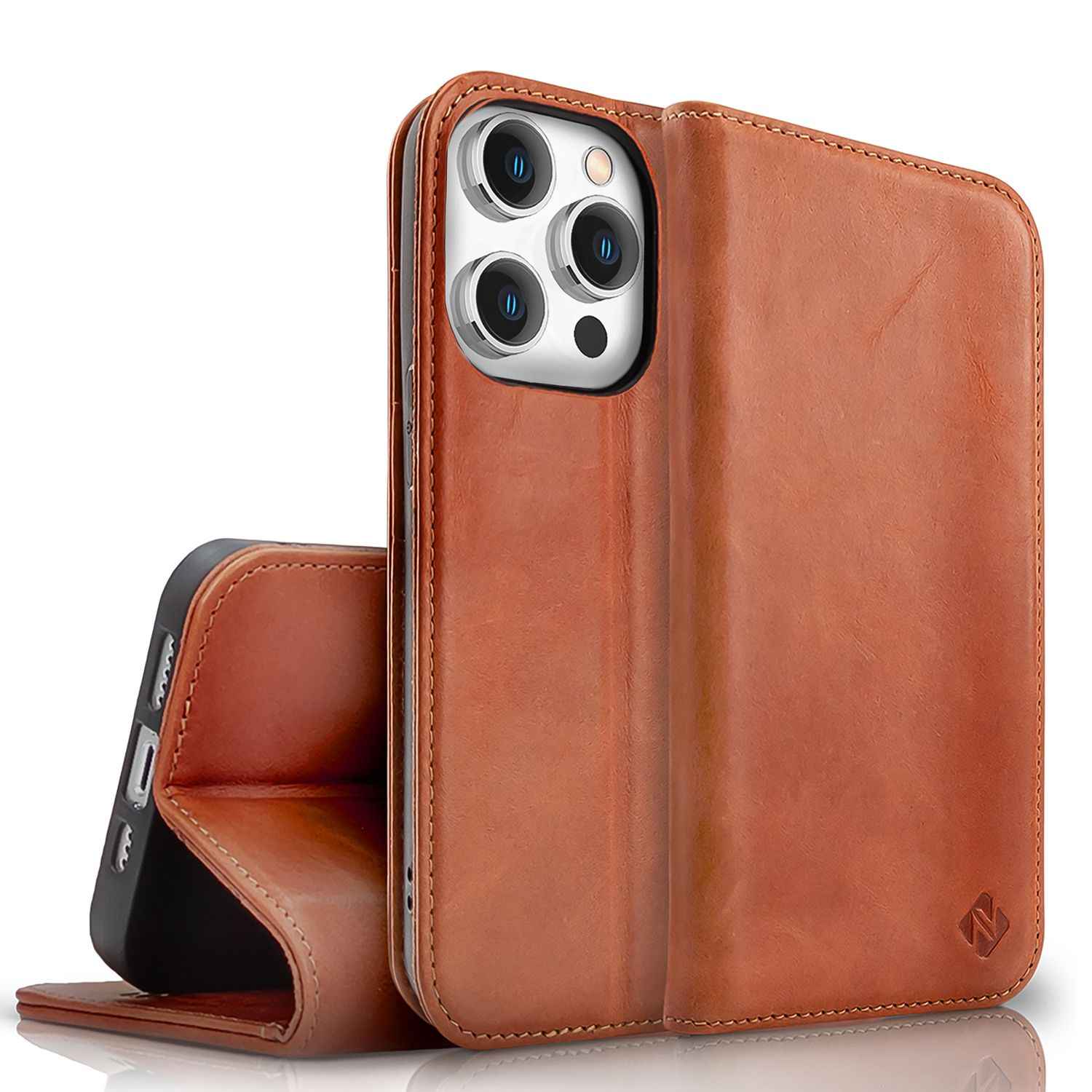 NALIA Echt-Leder Flipcase für iPhone 15 Pro Max Hülle, Rindsleder Schutzhülle RFID-Schutz Lederhülle Wallet