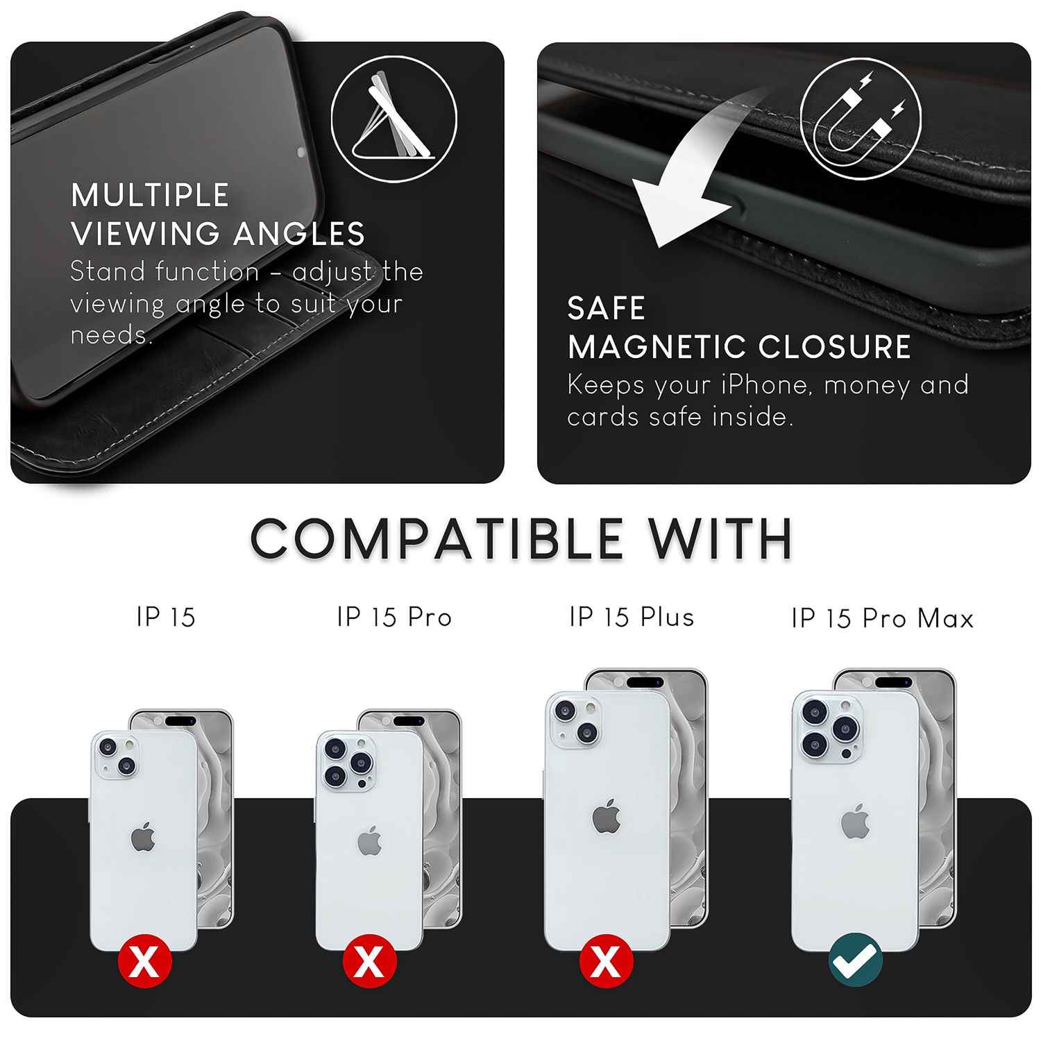 NALIA Echt-Leder Flipcase für iPhone 15 Pro Max Hülle, Rindsleder Schutzhülle RFID-Schutz Lederhülle Wallet