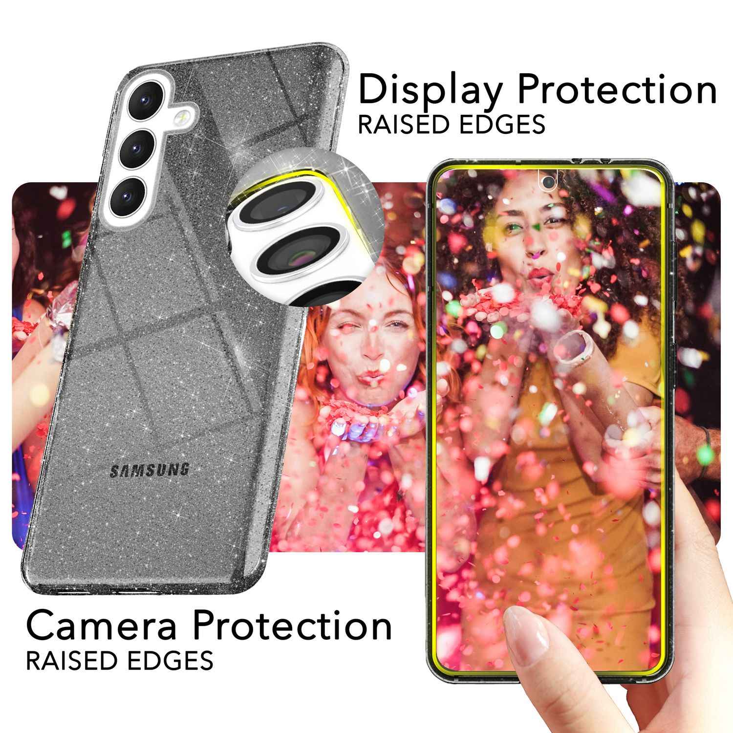 NALIA Glitzernde Schutzhülle für Samsung Galaxy S24 Hülle, Durchsichtige Silikon Handyhülle, Glitzerhülle