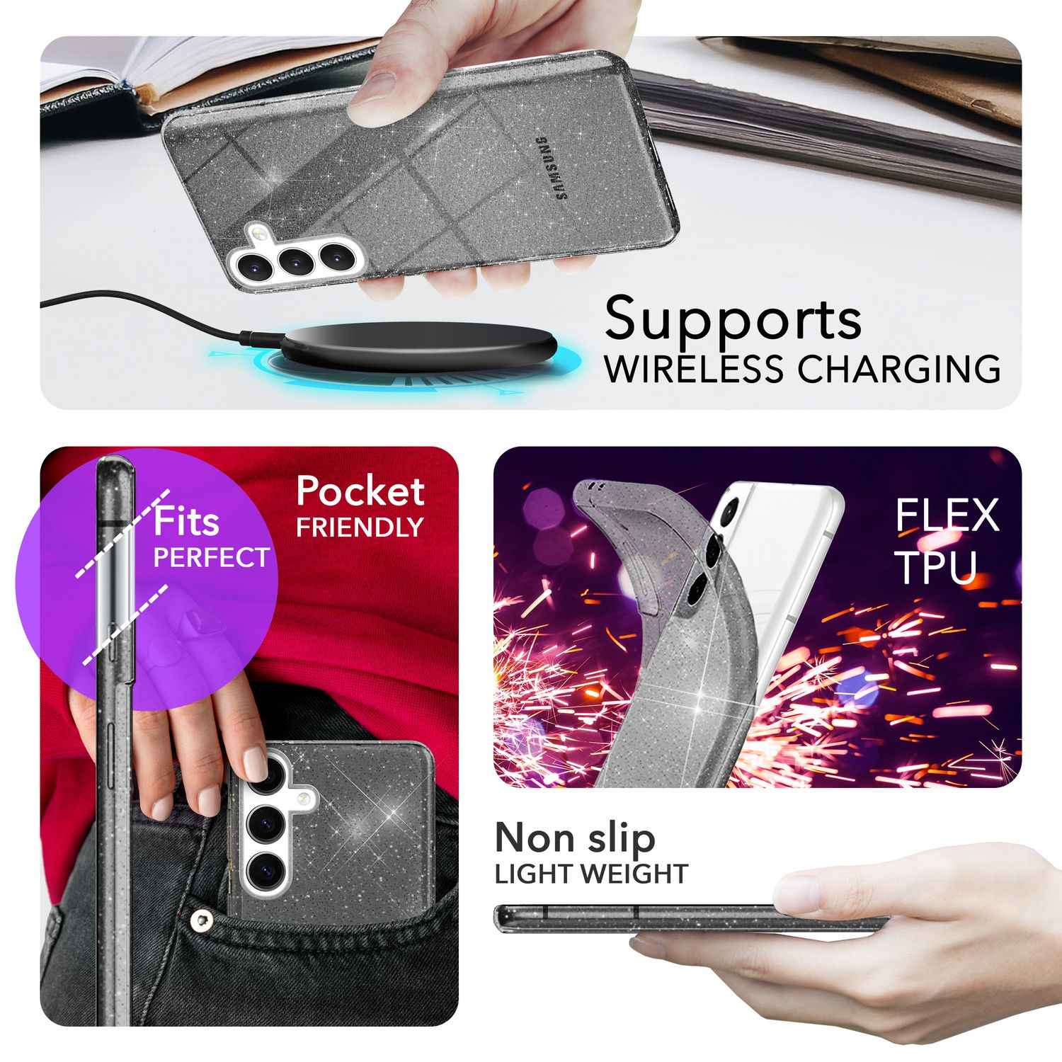 NALIA Glitzernde Schutzhülle für Samsung Galaxy S24 Hülle, Durchsichtige Silikon Handyhülle, Glitzerhülle