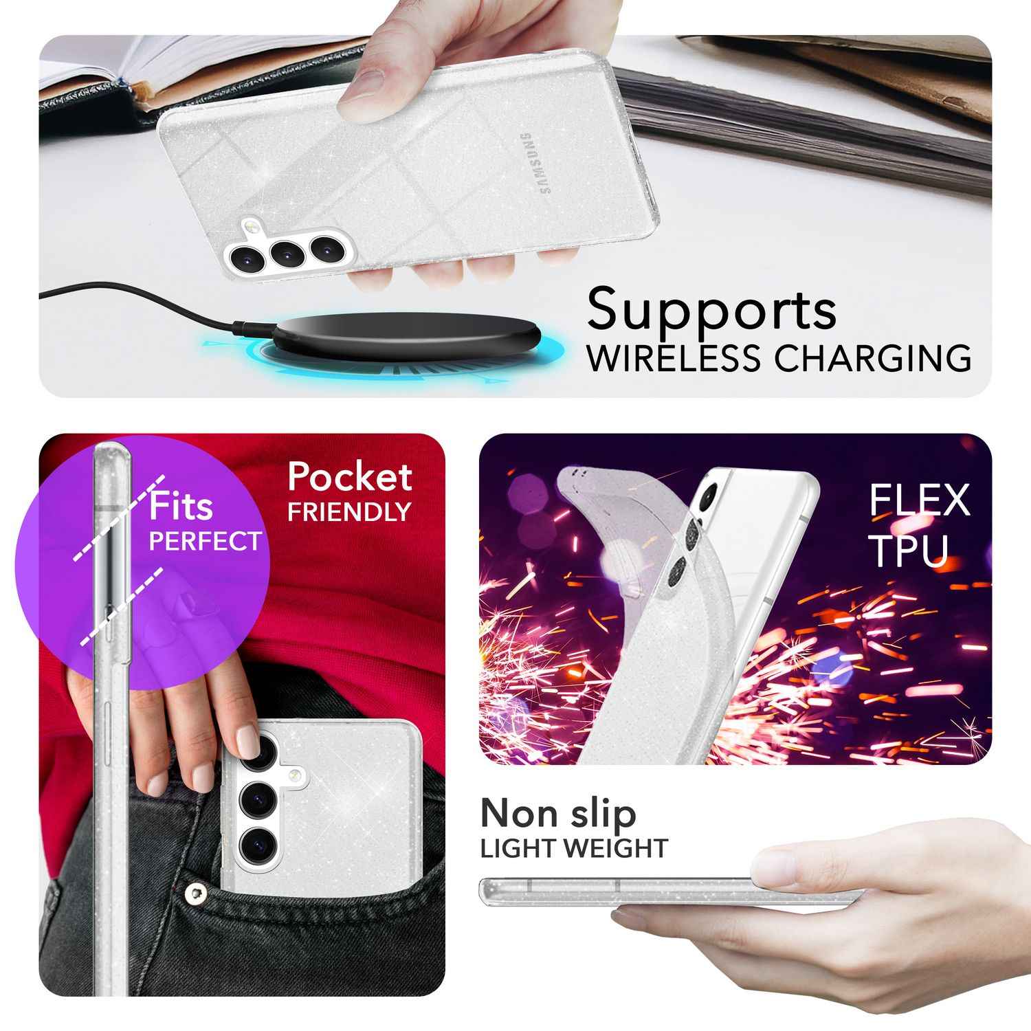 NALIA Glitzernde Schutzhülle für Samsung Galaxy S24 Hülle, Durchsichtige Silikon Handyhülle, Glitzerhülle