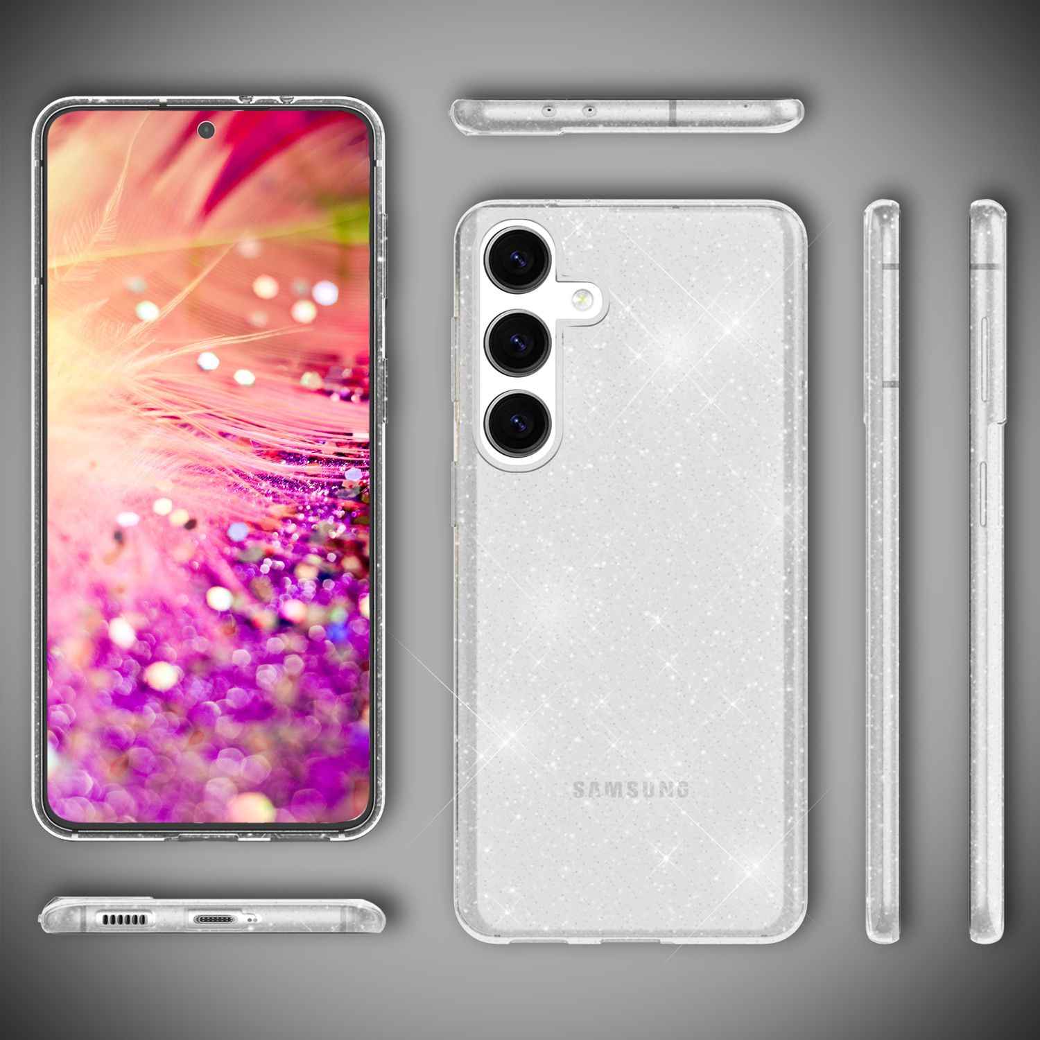 NALIA Glitzernde Schutzhülle für Samsung Galaxy S24 Hülle, Durchsichtige Silikon Handyhülle, Glitzerhülle