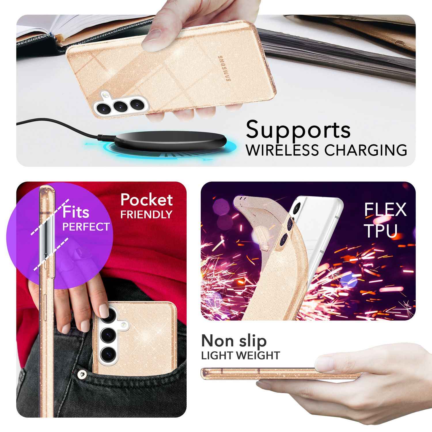 NALIA Glitzernde Schutzhülle für Samsung Galaxy S24 Plus Hülle, Durchsichtige Silikon Handyhülle mit Diamant Pailletten