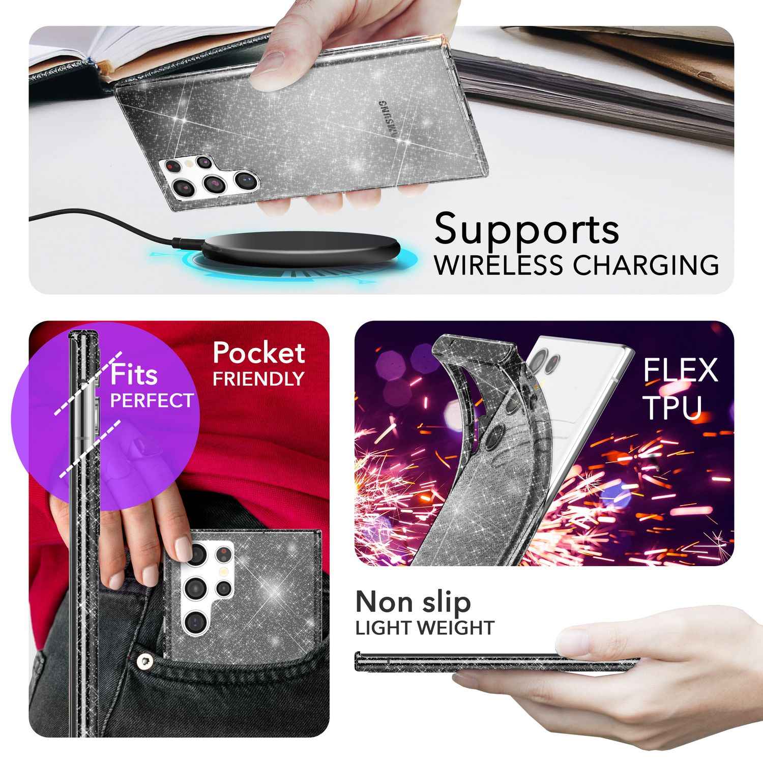 NALIA Glitzernde Schutzhülle für Samsung Galaxy S24 Ultra Hülle, Durchsichtige Silikon Handyhülle mit Diamant Pailletten