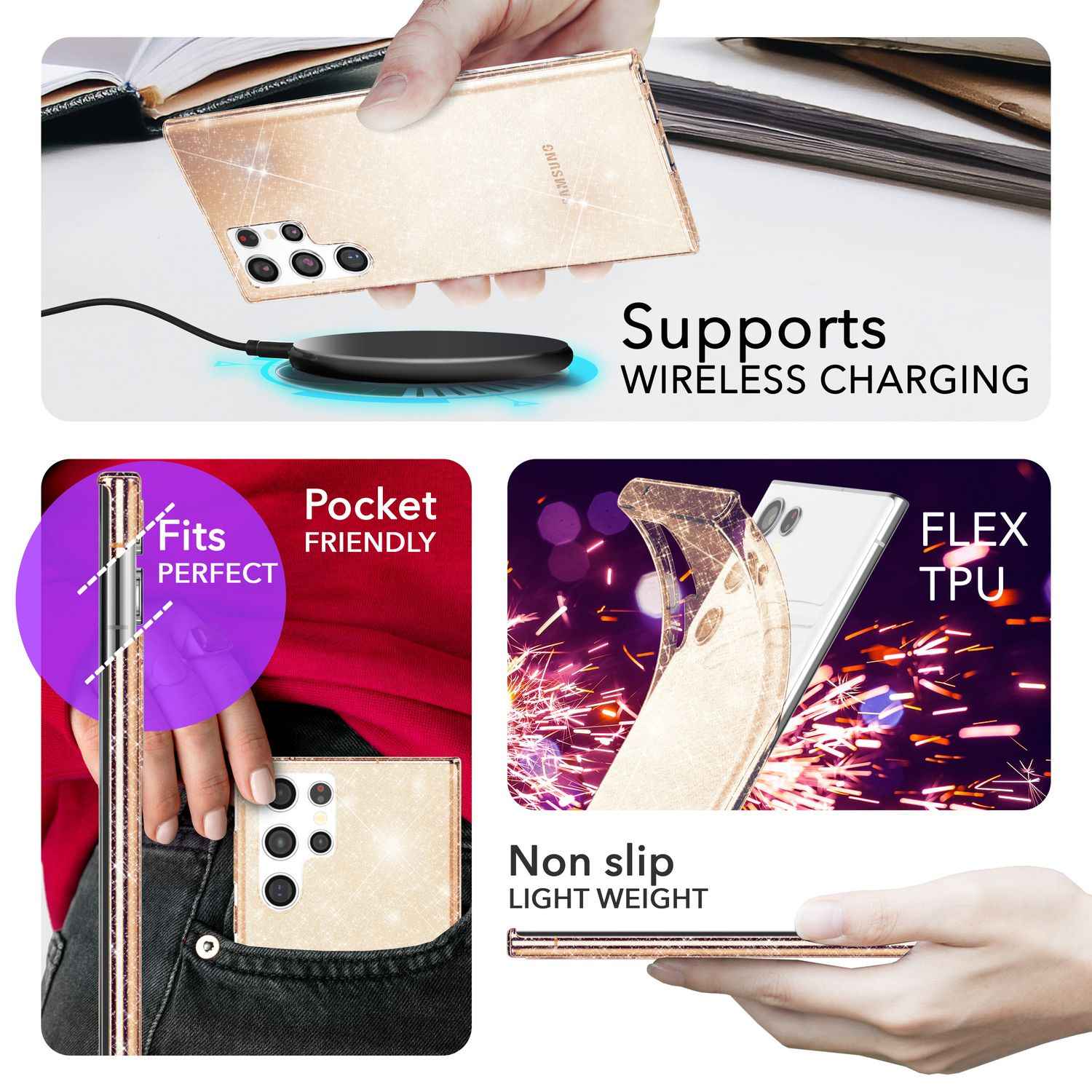 NALIA Glitzernde Schutzhülle für Samsung Galaxy S24 Ultra Hülle, Durchsichtige Silikon Handyhülle mit Diamant Pailletten