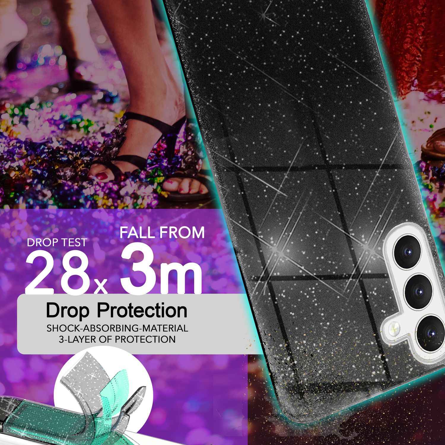 NALIA Hybrid Glitzerhülle für Samsung Galaxy S24 Plus Hülle, Glänzende Glitzer Schutzhülle mit verstärktem Silikon