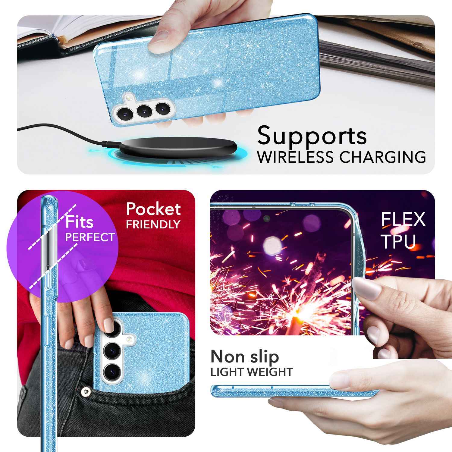NALIA Hybrid Glitzerhülle für Samsung Galaxy S24 Plus Hülle, Glänzende Glitzer Schutzhülle mit verstärktem Silikon