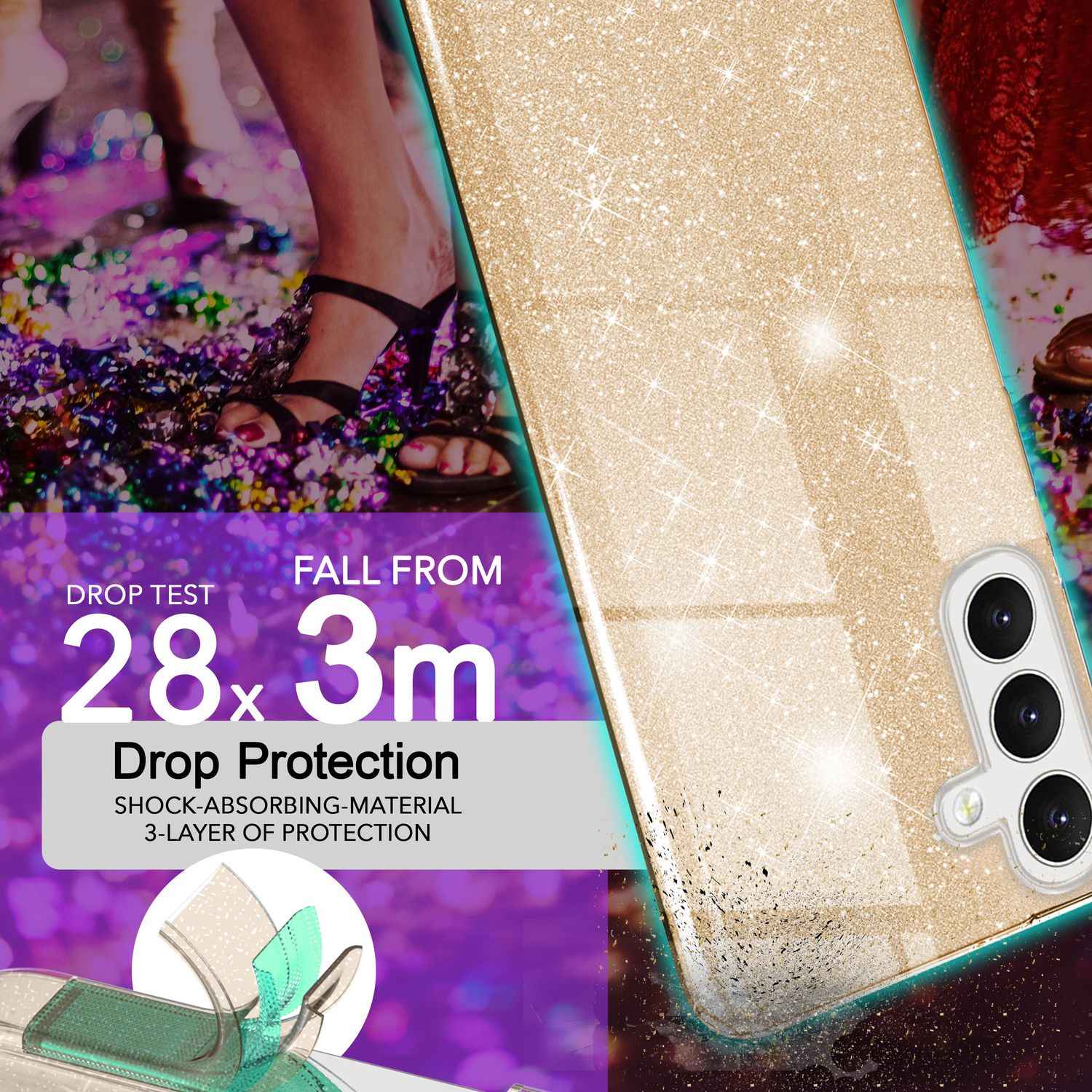 NALIA Hybrid Glitzerhülle für Samsung Galaxy S24 Plus Hülle, Glänzende Glitzer Schutzhülle mit verstärktem Silikon