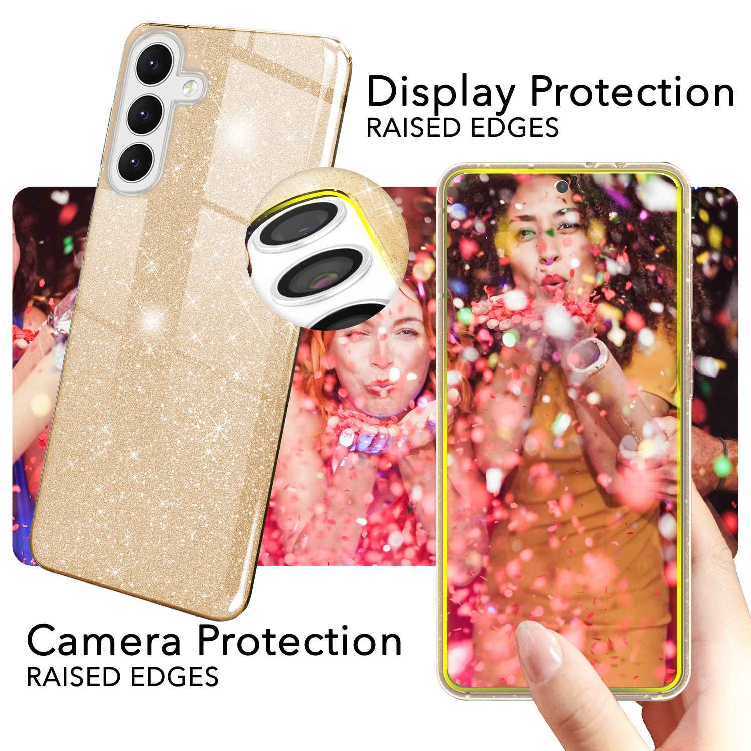 NALIA Hybrid Glitzerhülle für Samsung Galaxy S24 Plus Hülle, Glänzende Glitzer Schutzhülle mit verstärktem Silikon