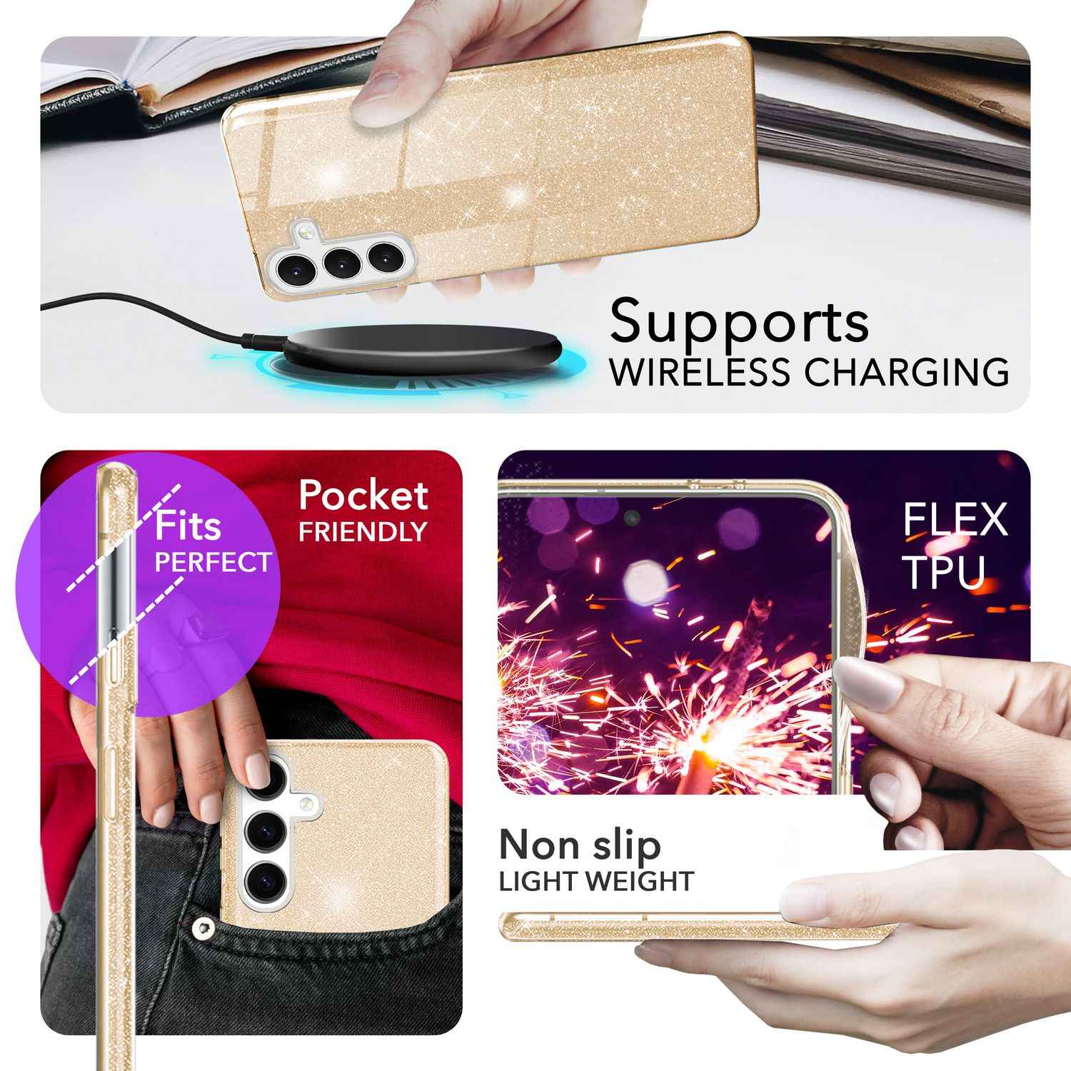 NALIA Hybrid Glitzerhülle für Samsung Galaxy S24 Plus Hülle, Glänzende Glitzer Schutzhülle mit verstärktem Silikon