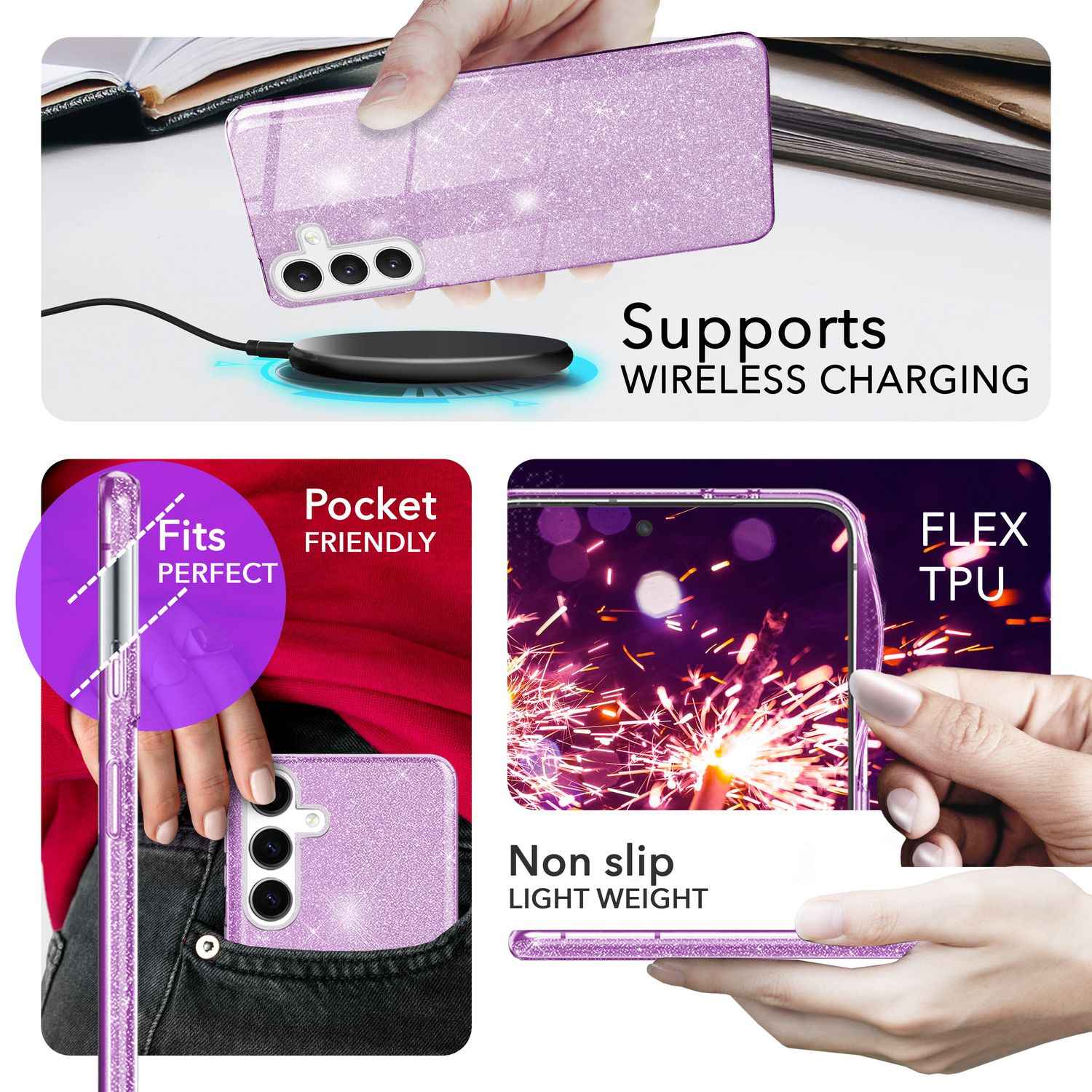 NALIA Hybrid Glitzerhülle für Samsung Galaxy S24 Plus Hülle, Glänzende Glitzer Schutzhülle mit verstärktem Silikon