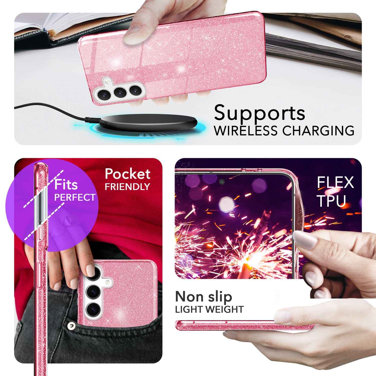 NALIA Hybrid Glitzerhülle für Samsung Galaxy S24 Plus Hülle, Glänzende Glitzer Schutzhülle mit verstärktem Silikon