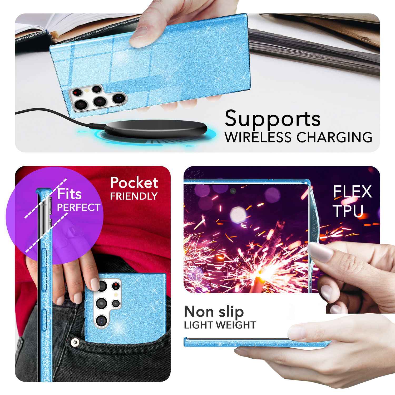 NALIA Hybrid Glitzerhülle für Samsung Galaxy S24 Ultra Hülle, Glänzende Glitzer Schutzhülle mit verstärktem Silikon