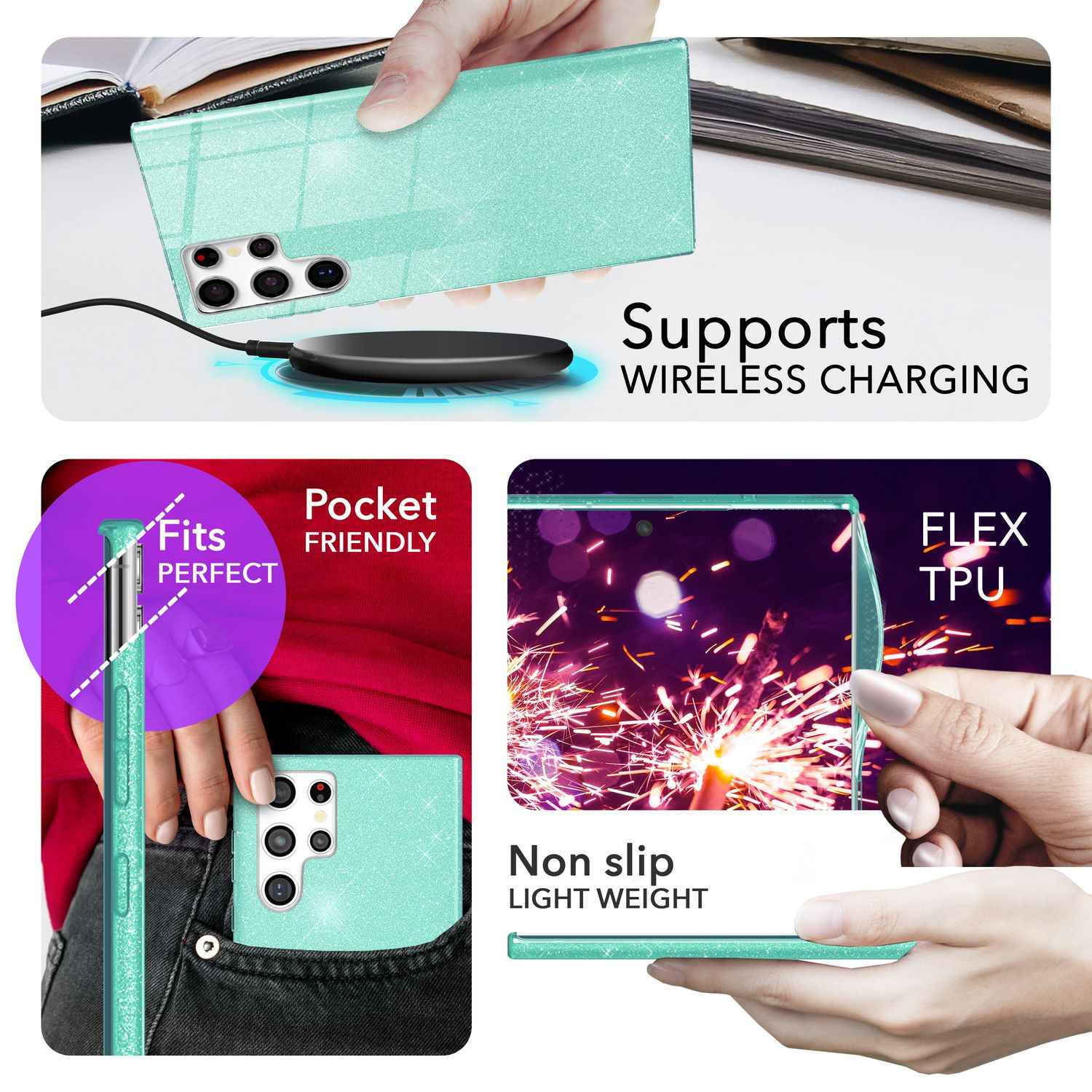 NALIA Hybrid Glitzerhülle für Samsung Galaxy S24 Ultra Hülle, Glänzende Glitzer Schutzhülle mit verstärktem Silikon