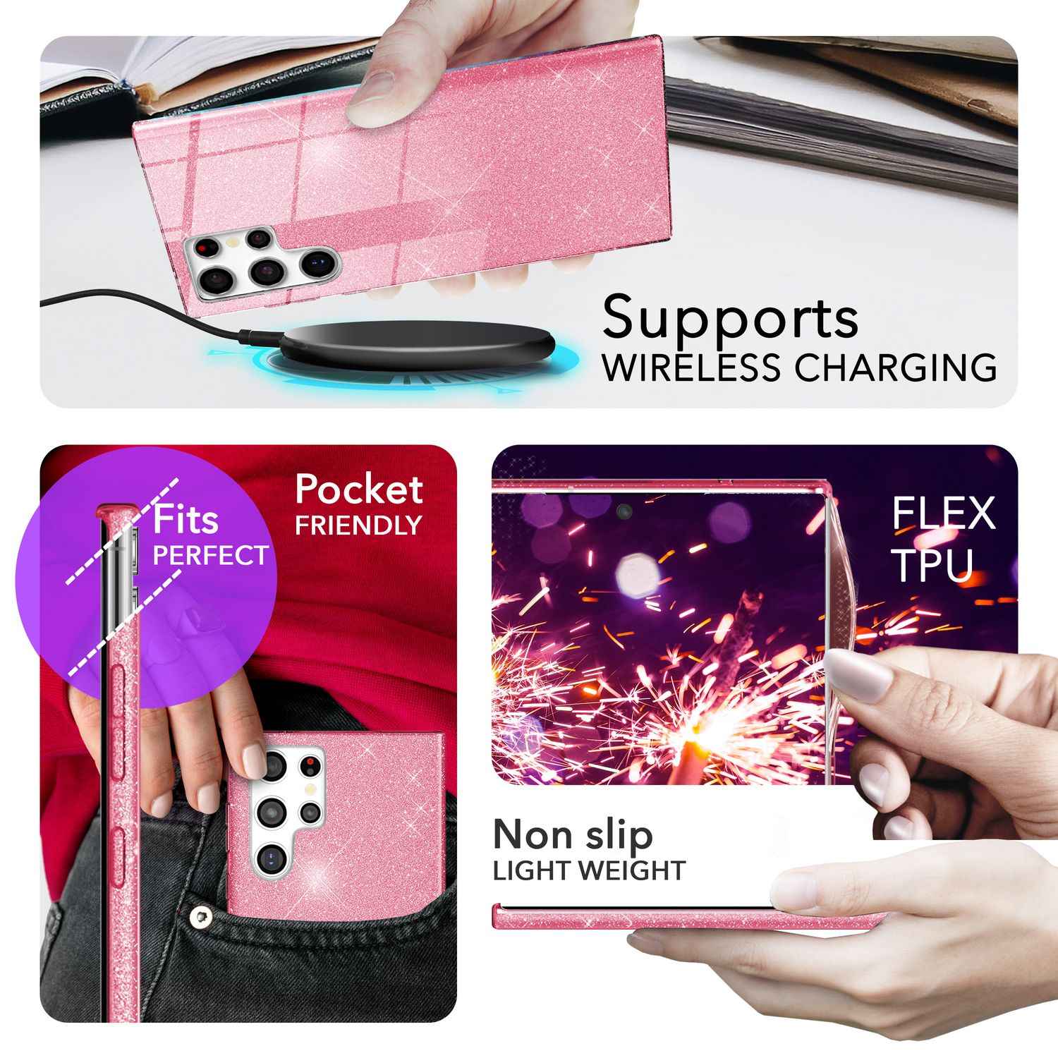 NALIA Hybrid Glitzerhülle für Samsung Galaxy S24 Ultra Hülle, Glänzende Glitzer Schutzhülle mit verstärktem Silikon