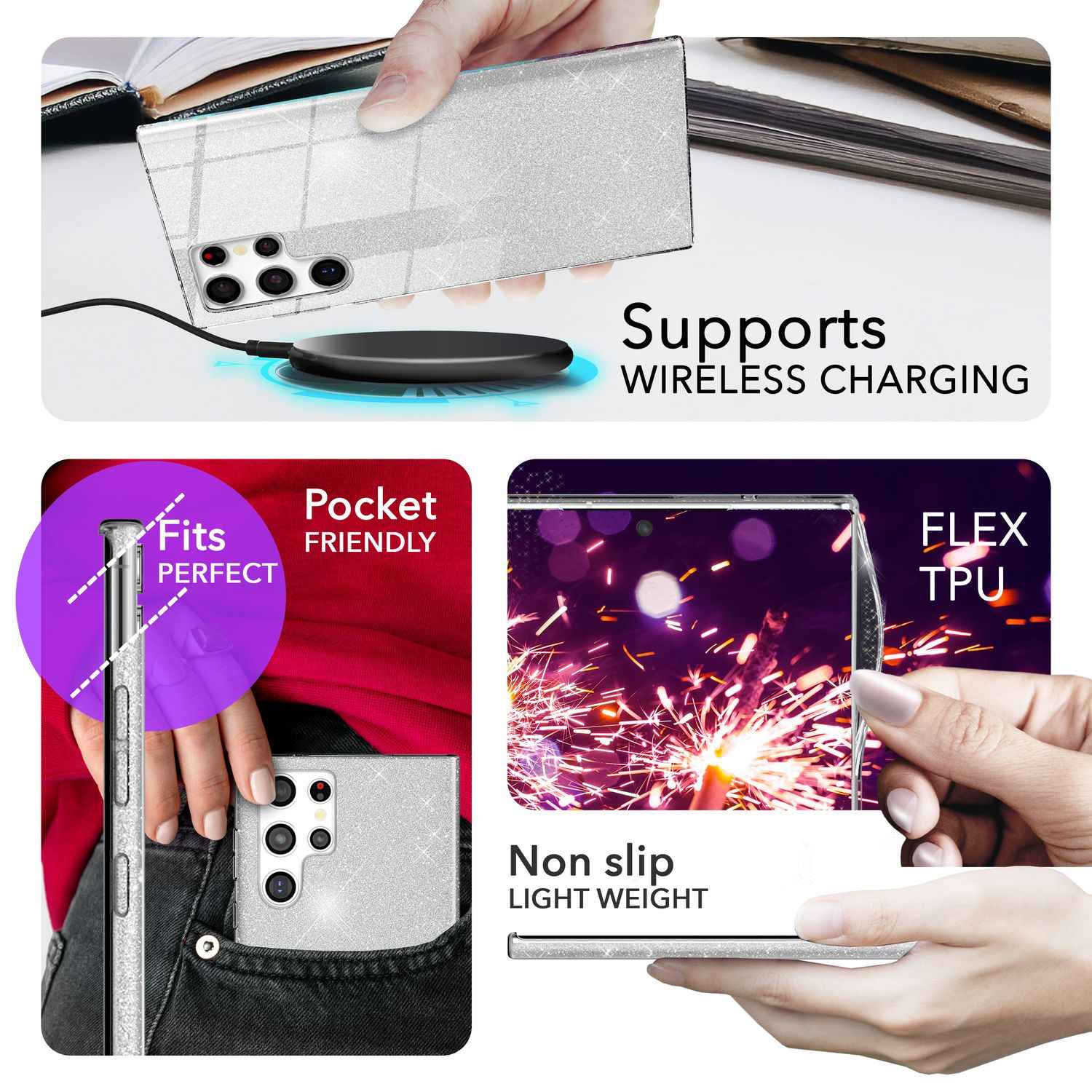 NALIA Hybrid Glitzerhülle für Samsung Galaxy S24 Ultra Hülle, Glänzende Glitzer Schutzhülle mit verstärktem Silikon