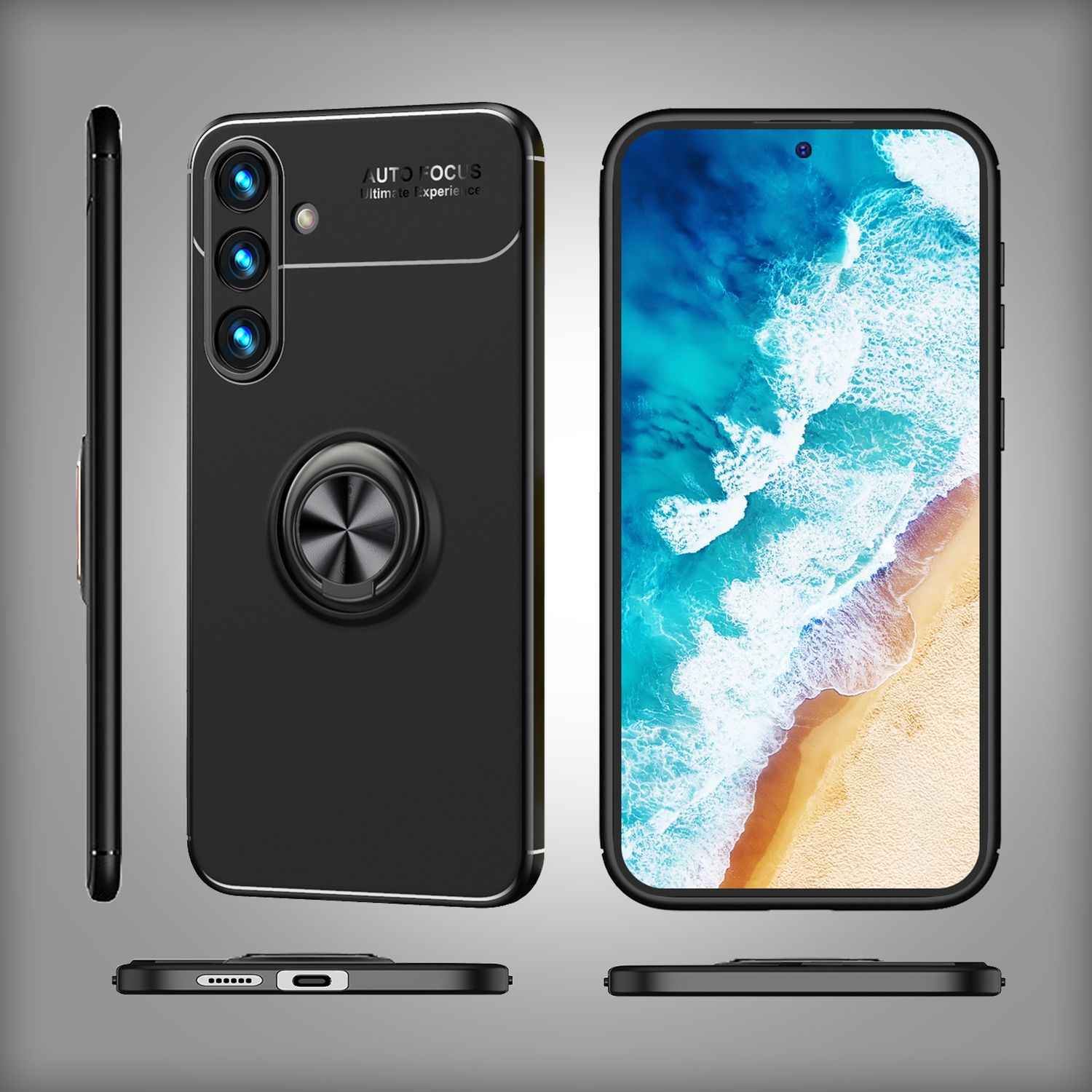 NALIA Matt-Schwarze Ringhülle für Samsung Galaxy S24 Hülle, Rutschfeste Silikon Schutzhülle mit 360-Grad drehbarem Ring
