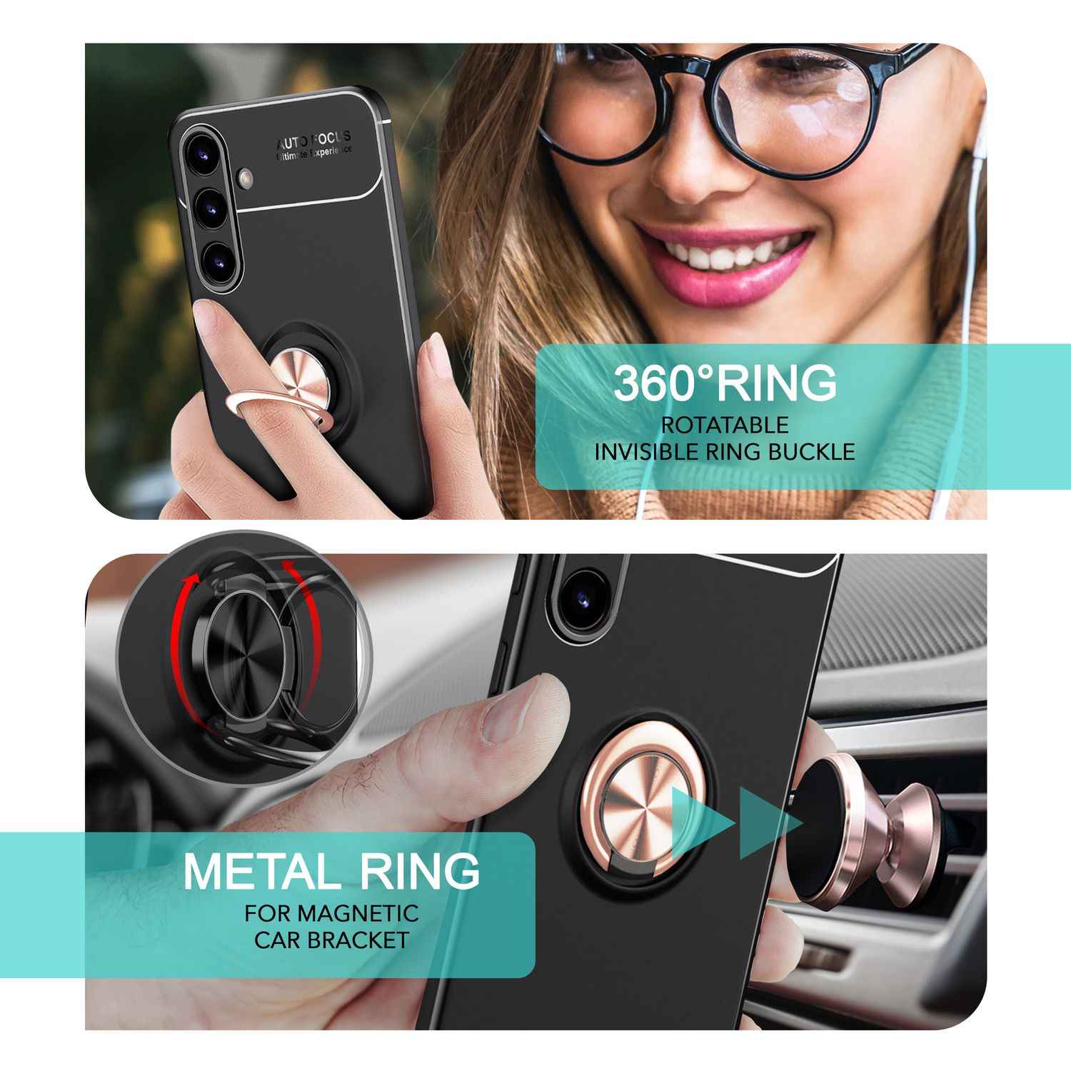 NALIA Matt-Schwarze Ringhülle für Samsung Galaxy S24 Hülle, Rutschfeste Silikon Schutzhülle mit 360-Grad drehbarem Ring