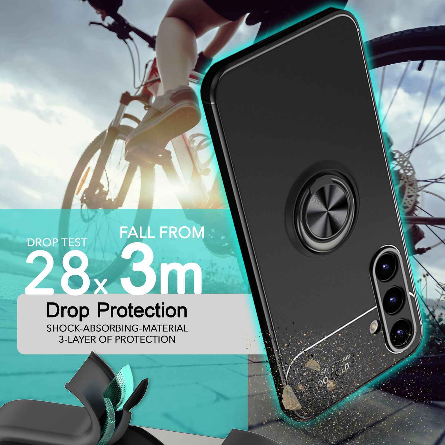 NALIA Matt-Schwarze Ringhülle für mit Samsung Galaxy S24 Plus Hülle, Silikon Schutzhülle mit 360-Grad drehbarem Ring