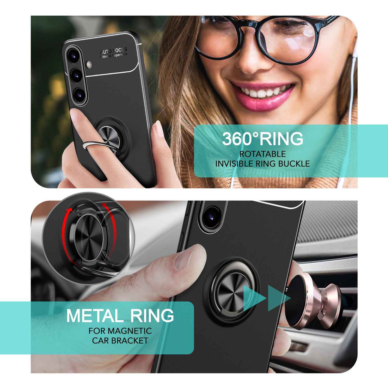 NALIA Matt-Schwarze Ringhülle für mit Samsung Galaxy S24 Plus Hülle, Silikon Schutzhülle mit 360-Grad drehbarem Ring