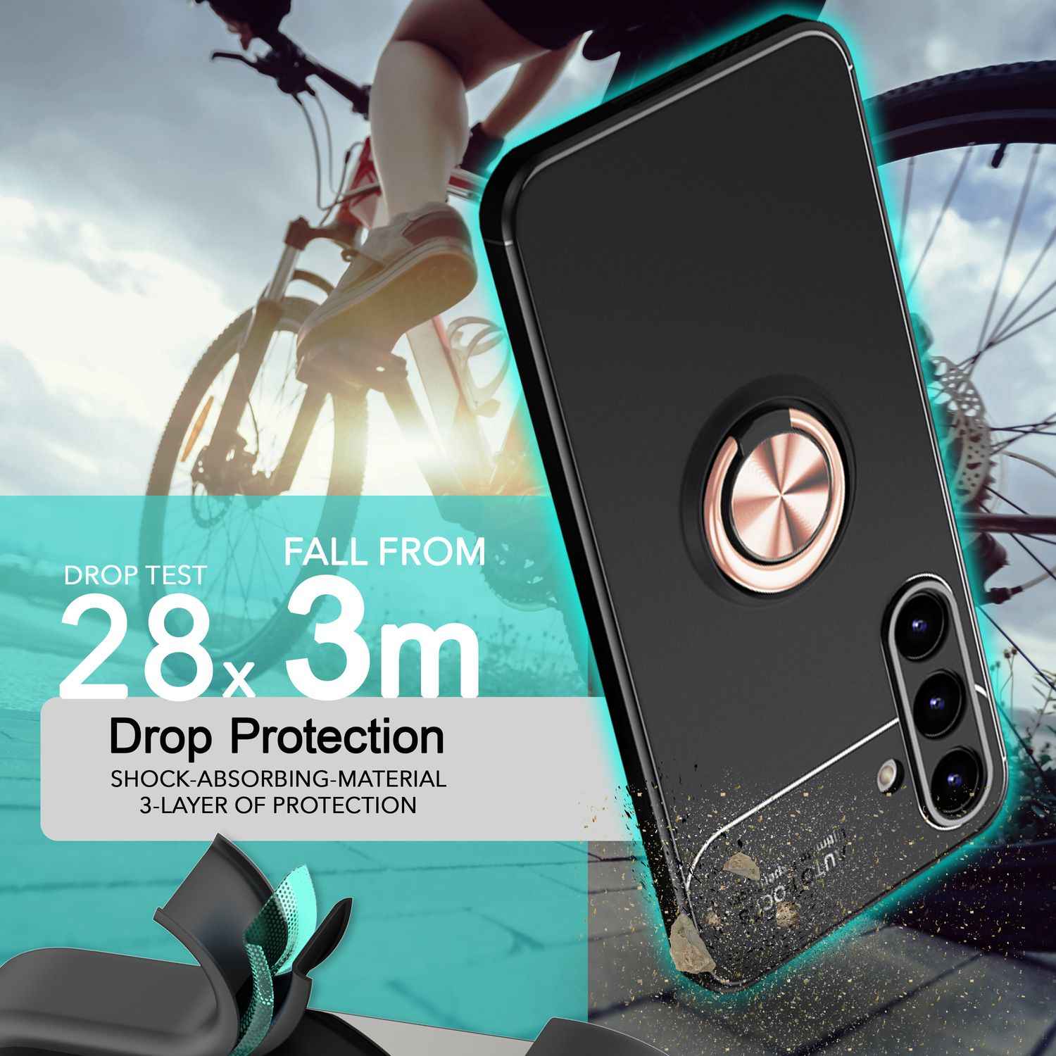 NALIA Matt-Schwarze Ringhülle für mit Samsung Galaxy S24 Plus Hülle, Silikon Schutzhülle mit 360-Grad drehbarem Ring