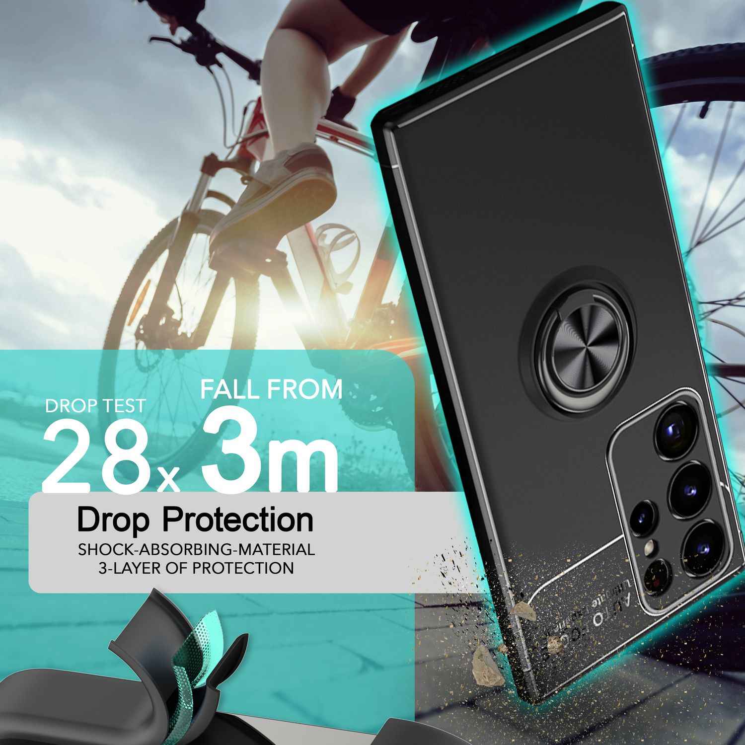 NALIA Matt-Schwarze Ringhülle für Samsung Galaxy S24 Ultra Hülle, Silikon Schutzhülle mit 360° drehbarem Ring