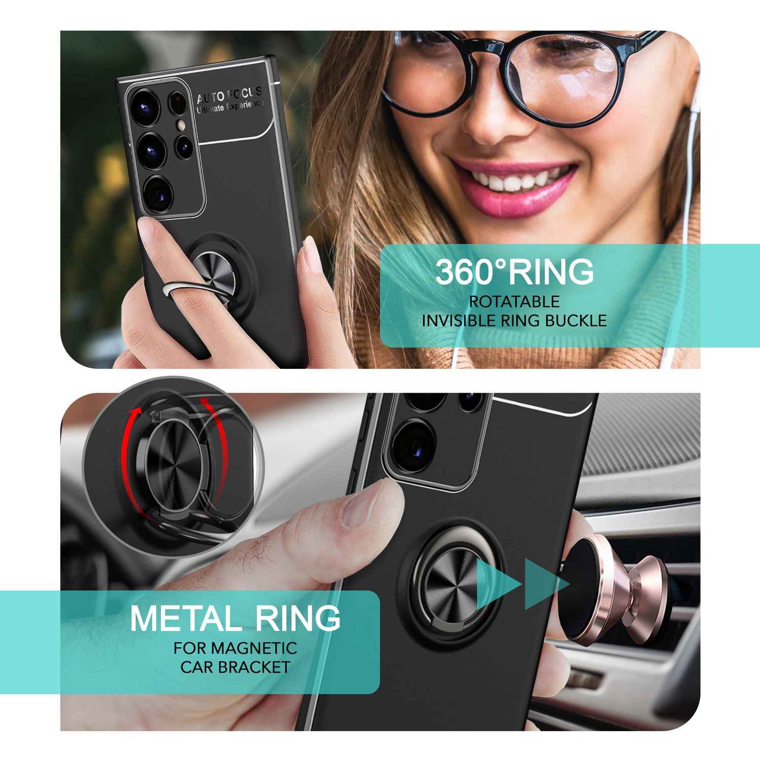 NALIA Matt-Schwarze Ringhülle für Samsung Galaxy S24 Ultra Hülle, Silikon Schutzhülle mit 360° drehbarem Ring