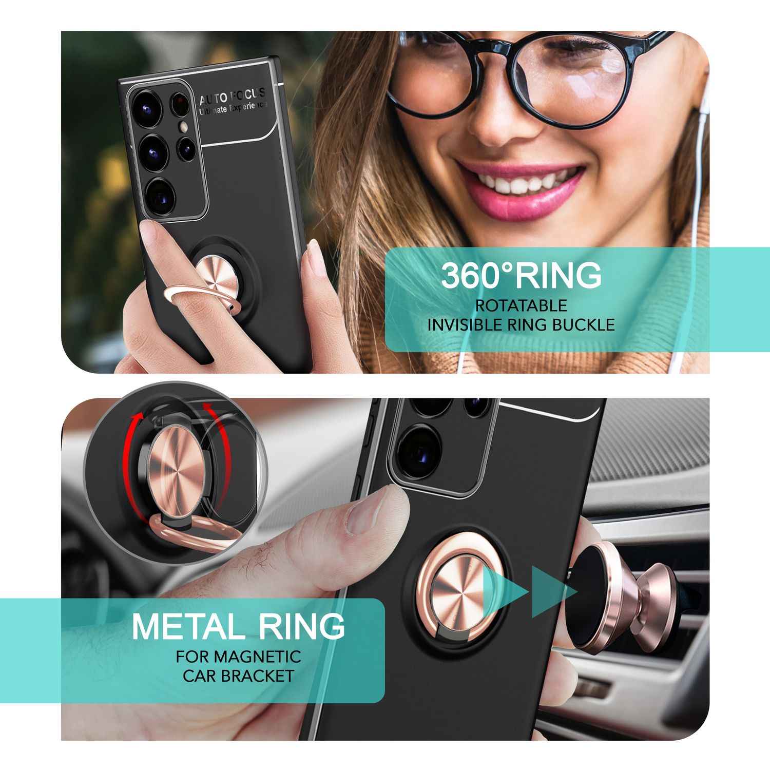 NALIA Matt-Schwarze Ringhülle für Samsung Galaxy S24 Ultra Hülle, Silikon Schutzhülle mit 360° drehbarem Ring