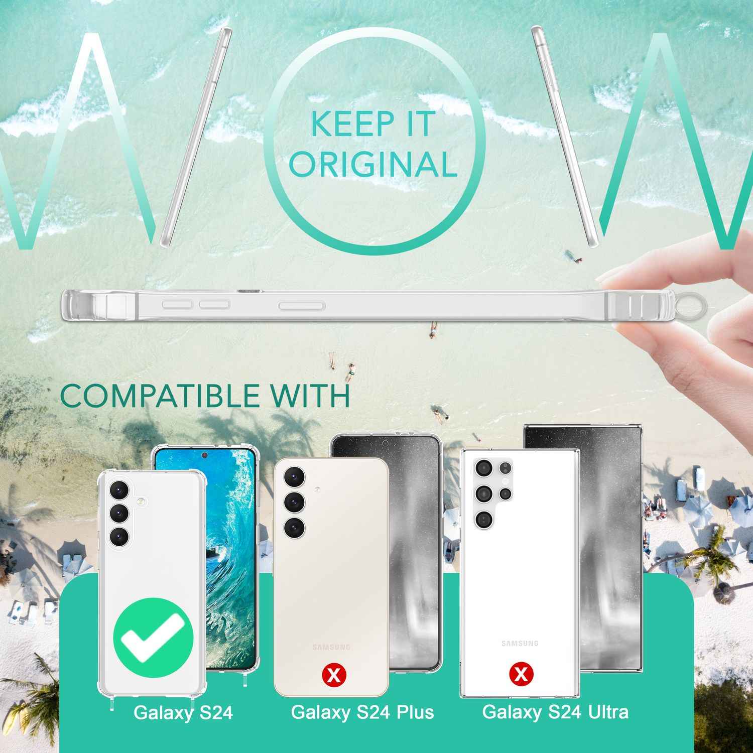 NALIA Klare Schutzhülle mit Kette für Samsung Galaxy S24 Hülle, Transparente Stabile Handyhülle mit Band zum Umhängen