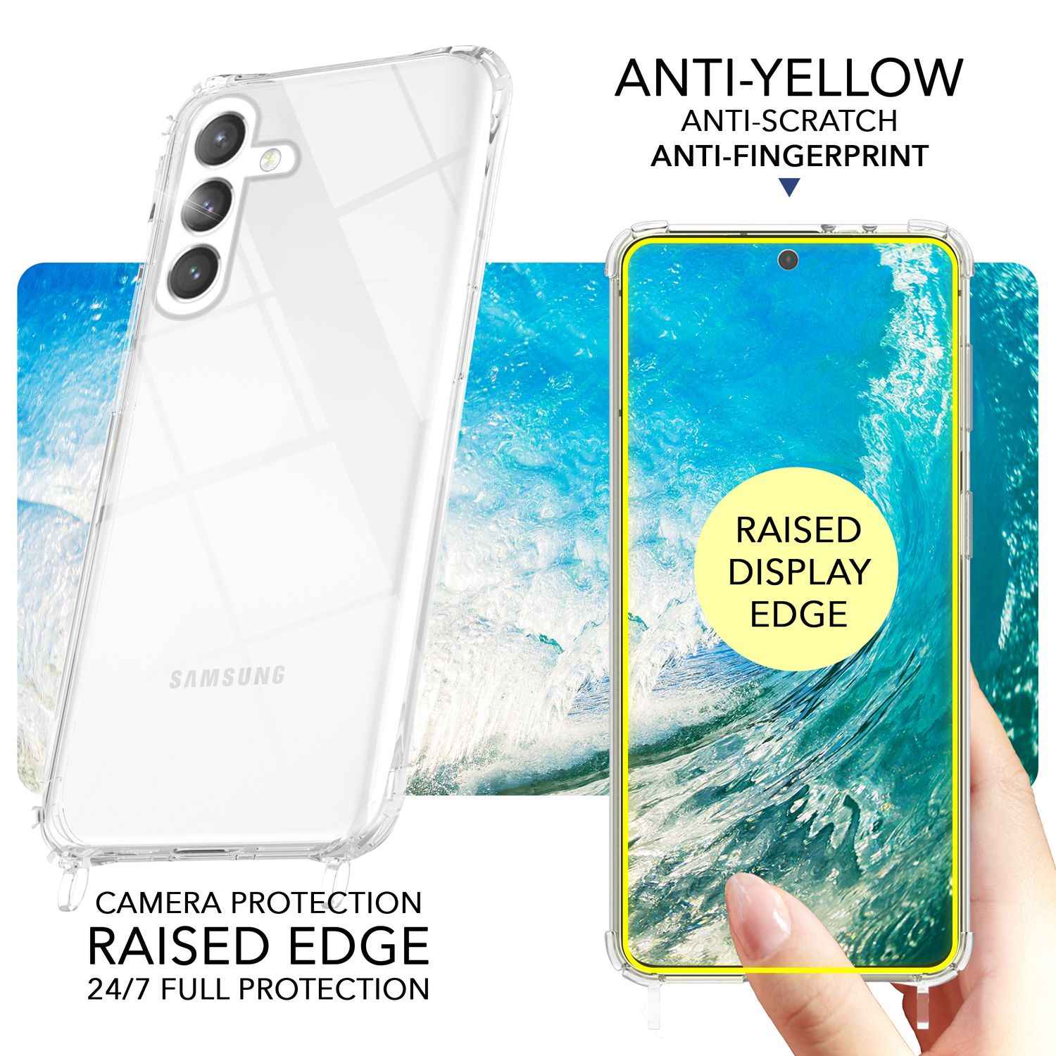 NALIA Klare Schutzhülle mit Kette für Samsung Galaxy S24 Hülle, Transparente Stabile Handyhülle mit Band zum Umhängen