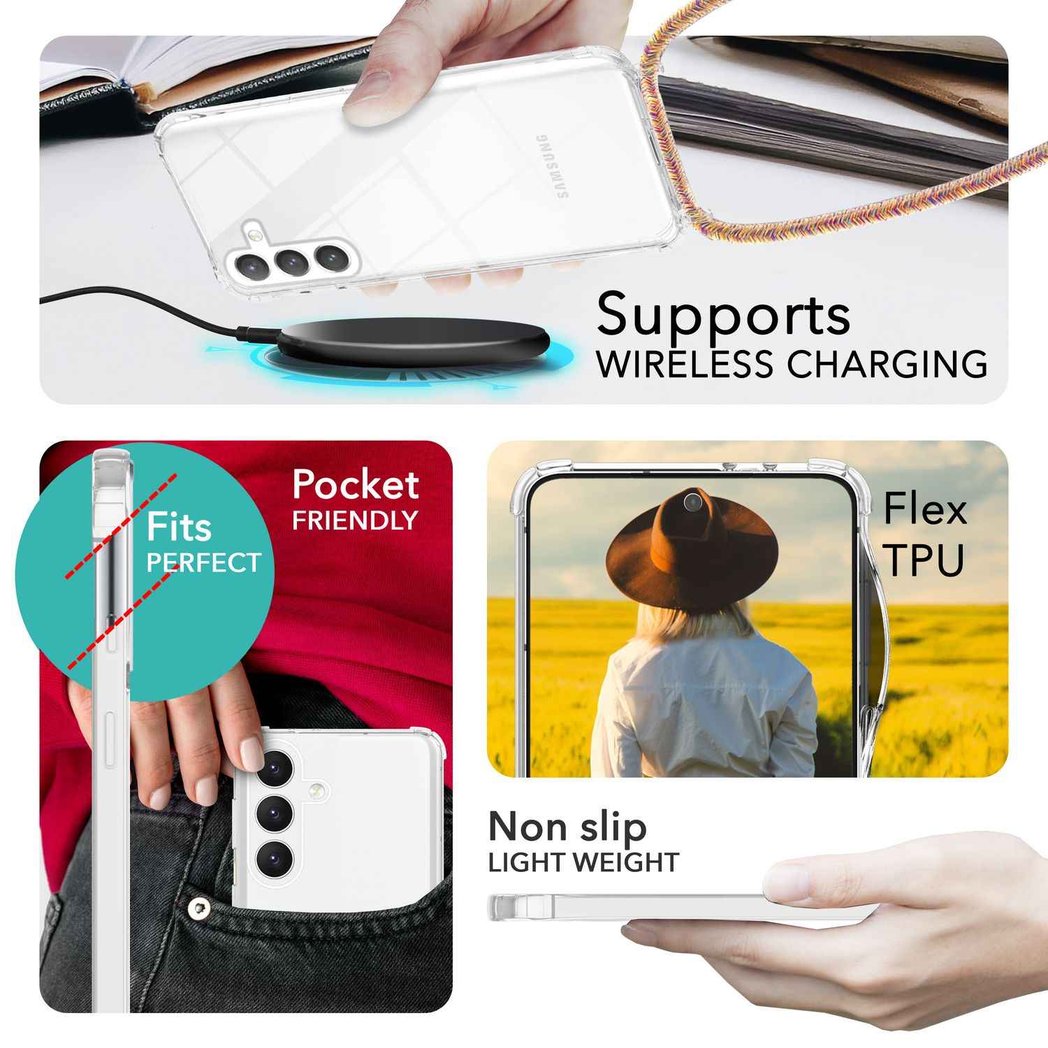 NALIA Klare Schutzhülle mit Kette für Samsung Galaxy S24 Hülle, Transparente Stabile Handyhülle mit Band zum Umhängen