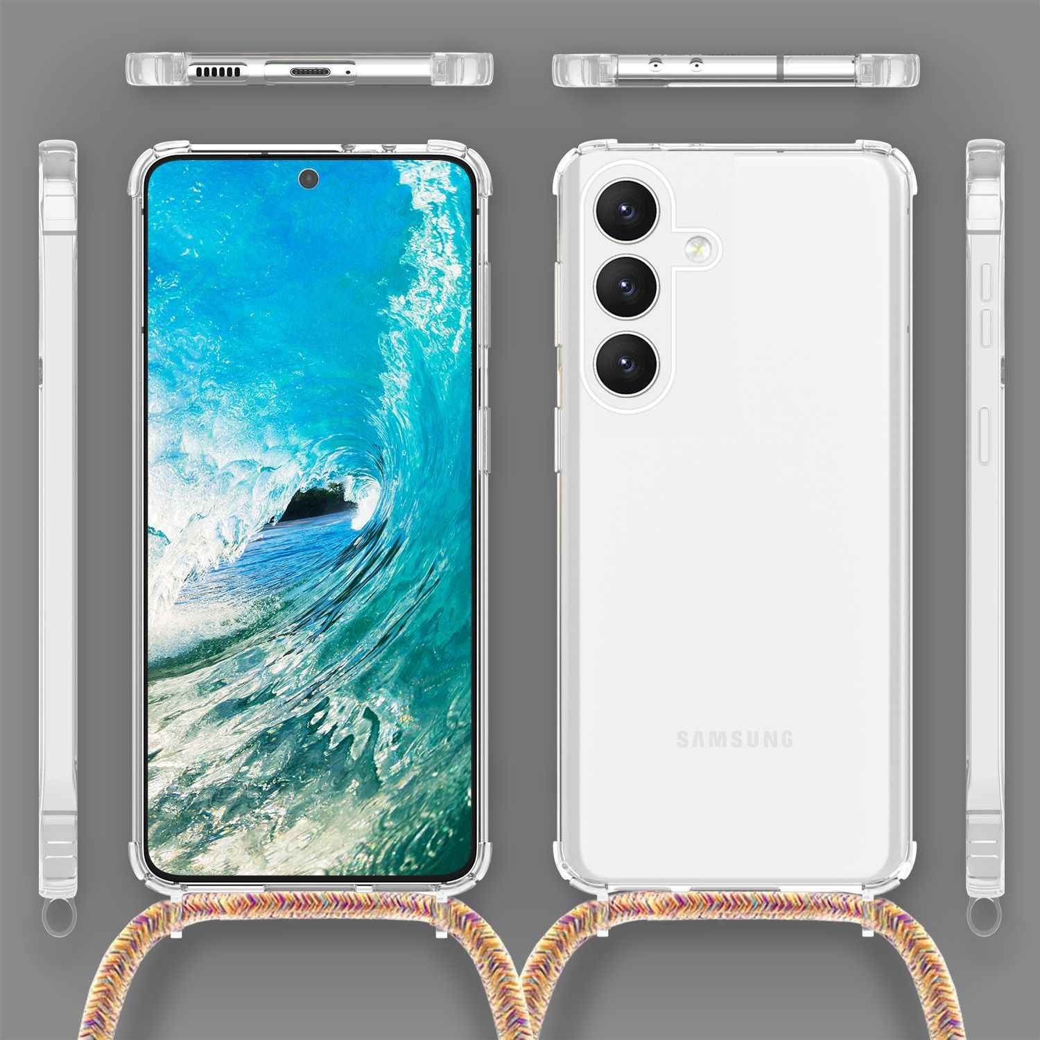 NALIA Klare Schutzhülle mit Kette für Samsung Galaxy S24 Hülle, Transparente Stabile Handyhülle mit Band zum Umhängen