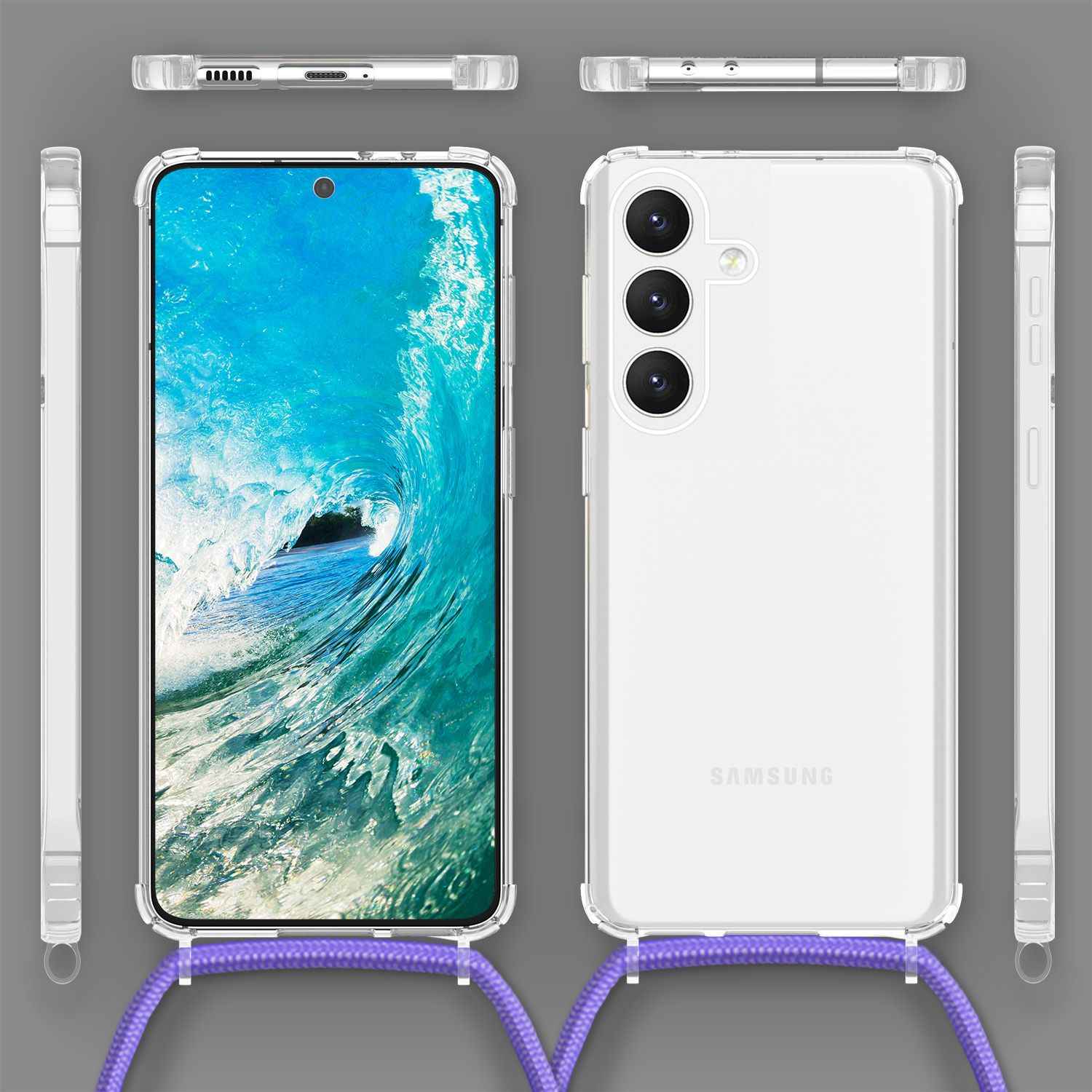 NALIA Klare Schutzhülle mit Kette für Samsung Galaxy S24 Plus Hülle, Transparente Stabile Handyhülle mit Umhänge-Band