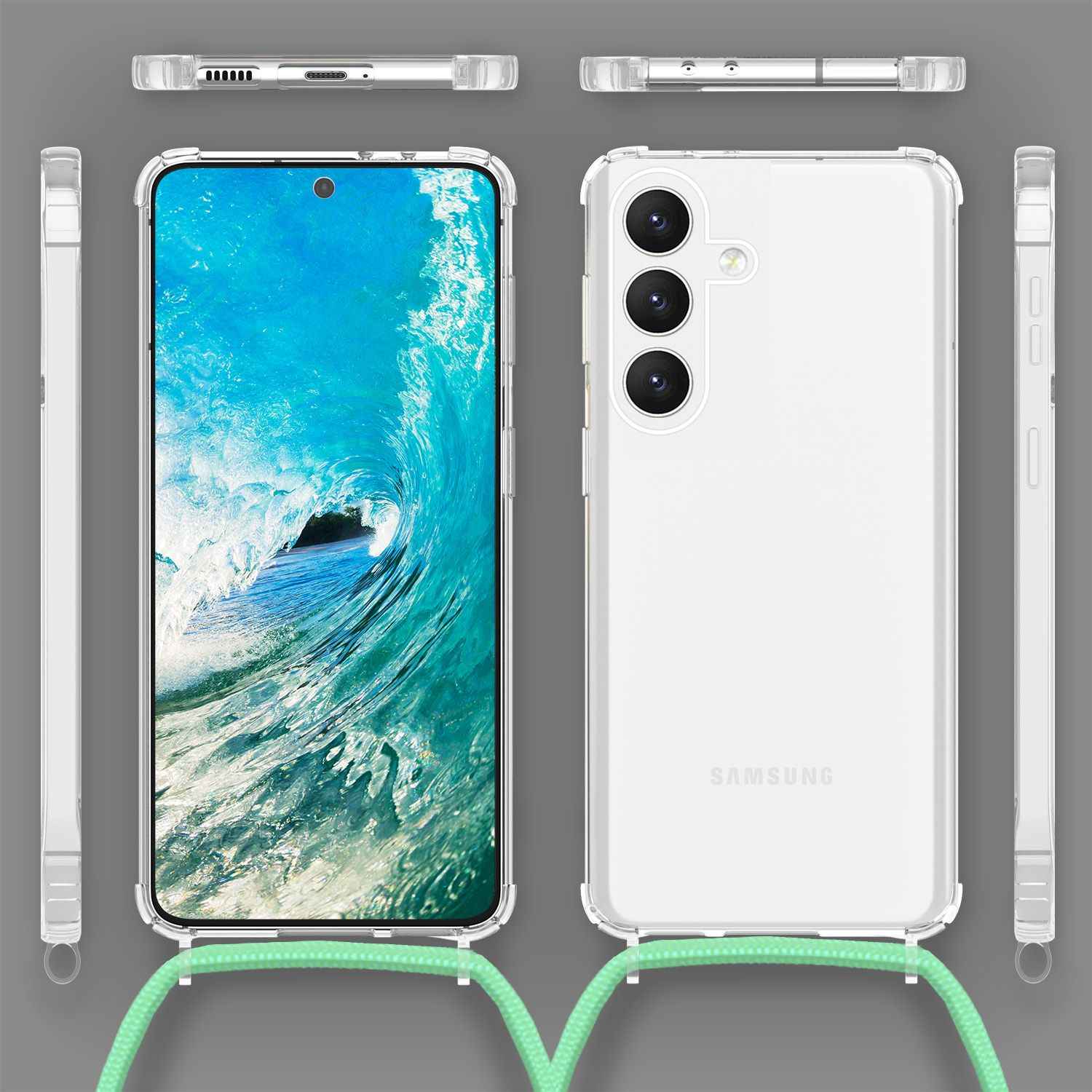 NALIA Klare Schutzhülle mit Kette für Samsung Galaxy S24 Plus Hülle, Transparente Stabile Handyhülle mit Umhänge-Band