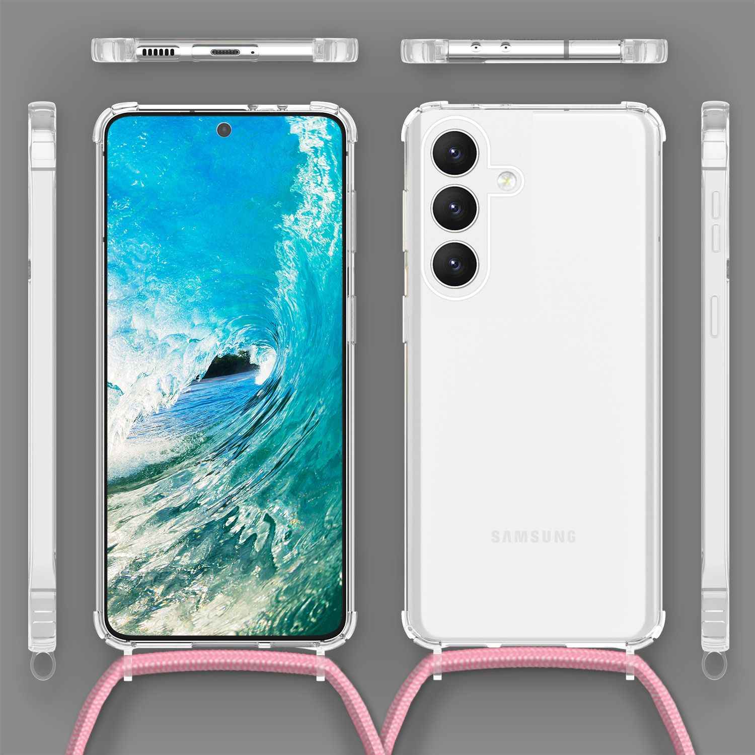 NALIA Klare Schutzhülle mit Kette für Samsung Galaxy S24 Plus Hülle, Transparente Stabile Handyhülle mit Umhänge-Band